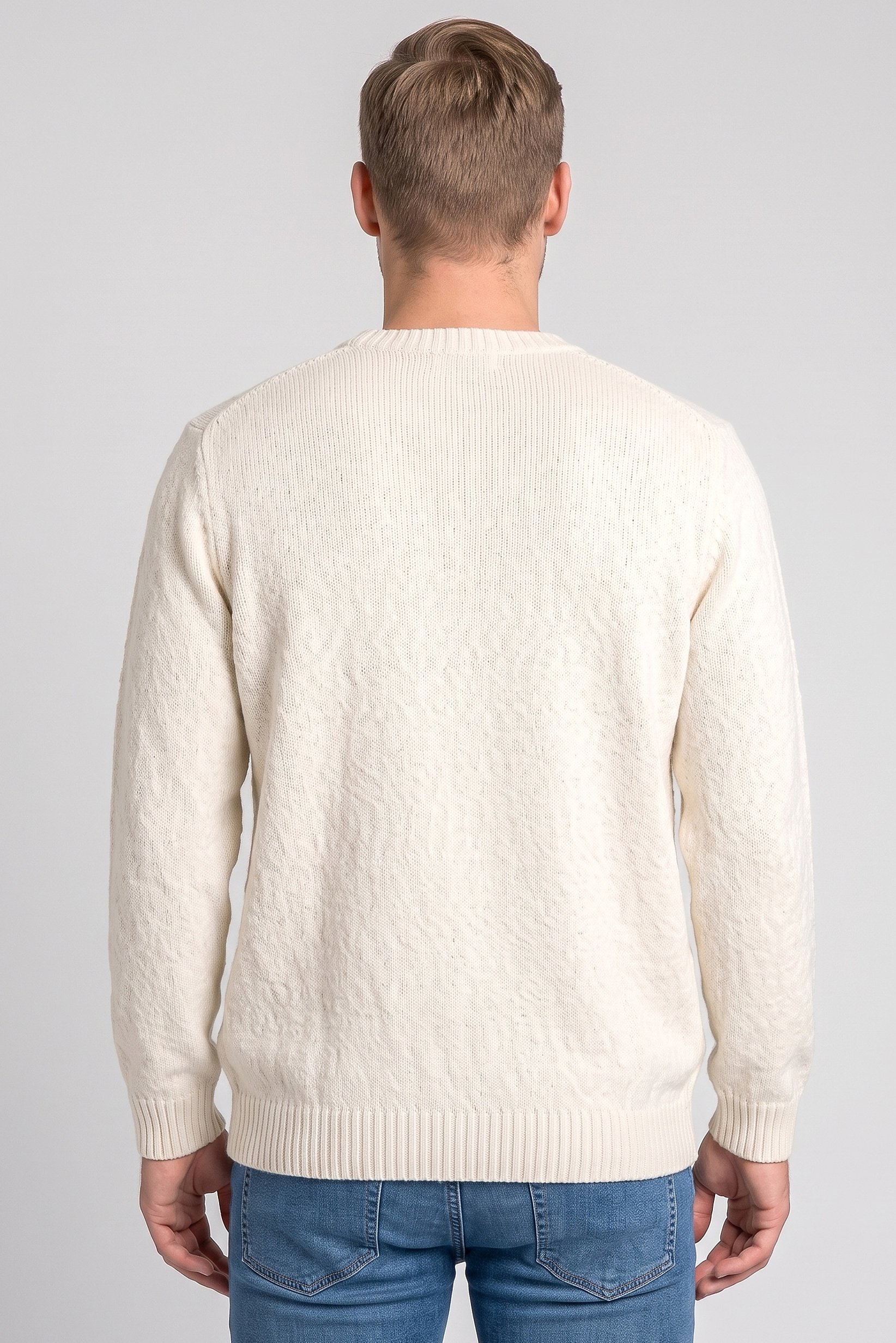Men Crew Neck Long Sleeve Knitted Sweater, Cream