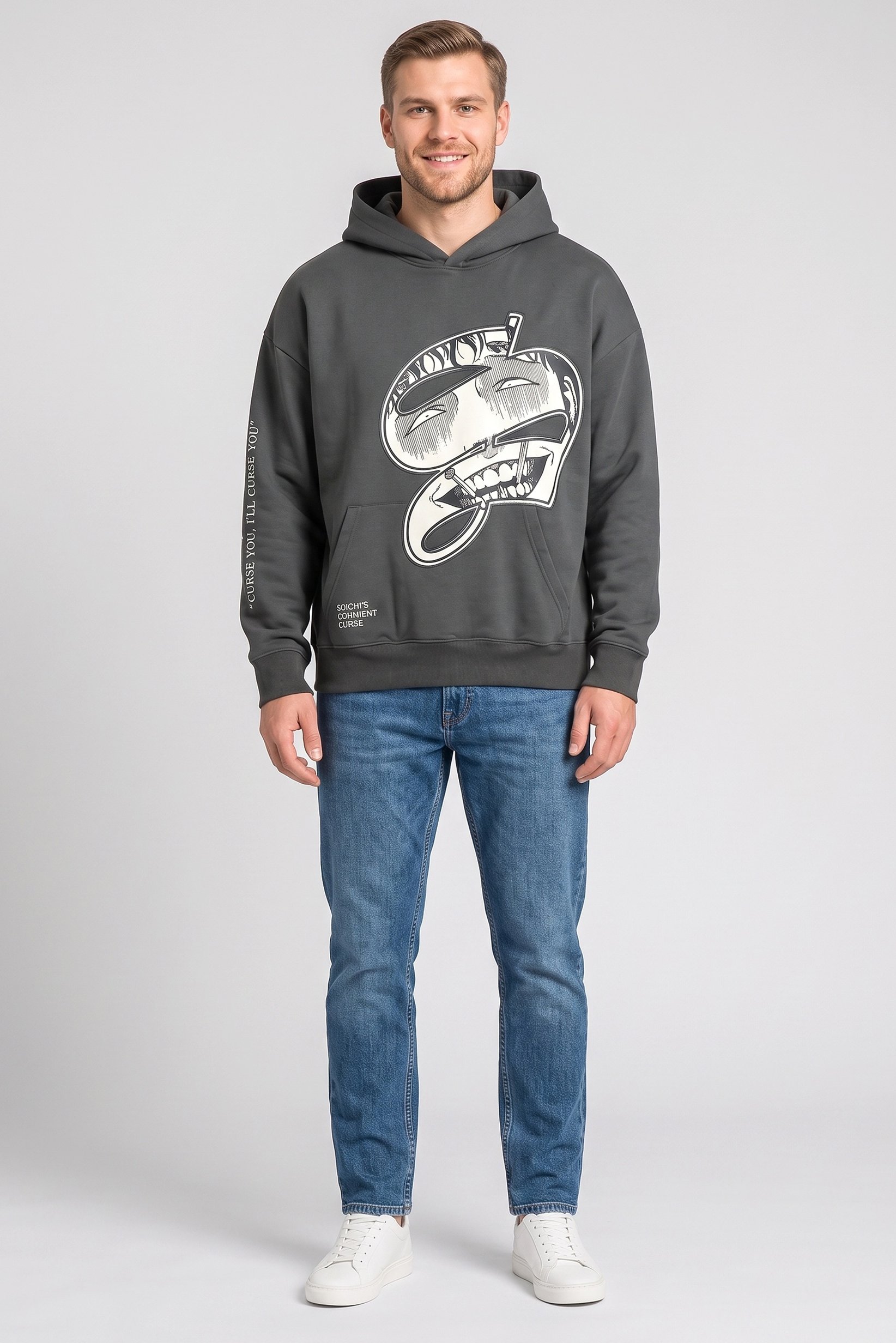 Men Hood Graphic Print Long Sleeve Sweatshirt, Dark Grey