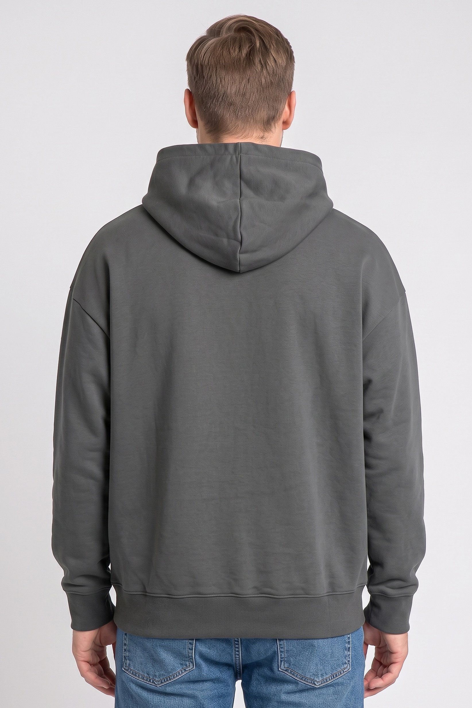 Men Hood Graphic Print Long Sleeve Sweatshirt, Dark Grey