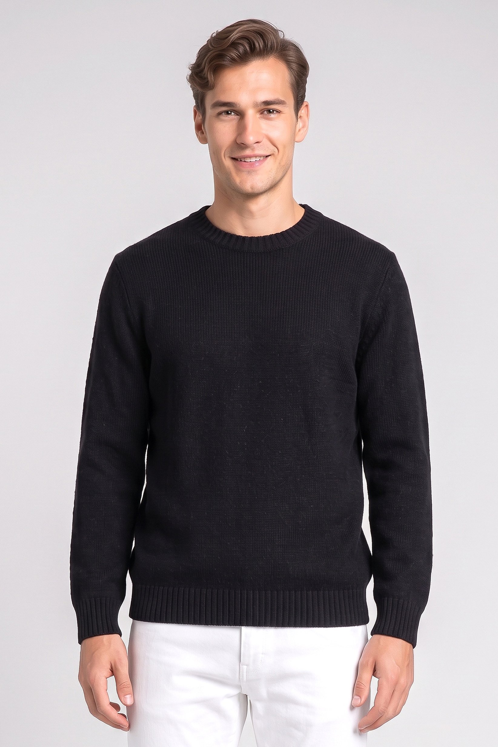 Men Crew Neck Textured Sweater, Black