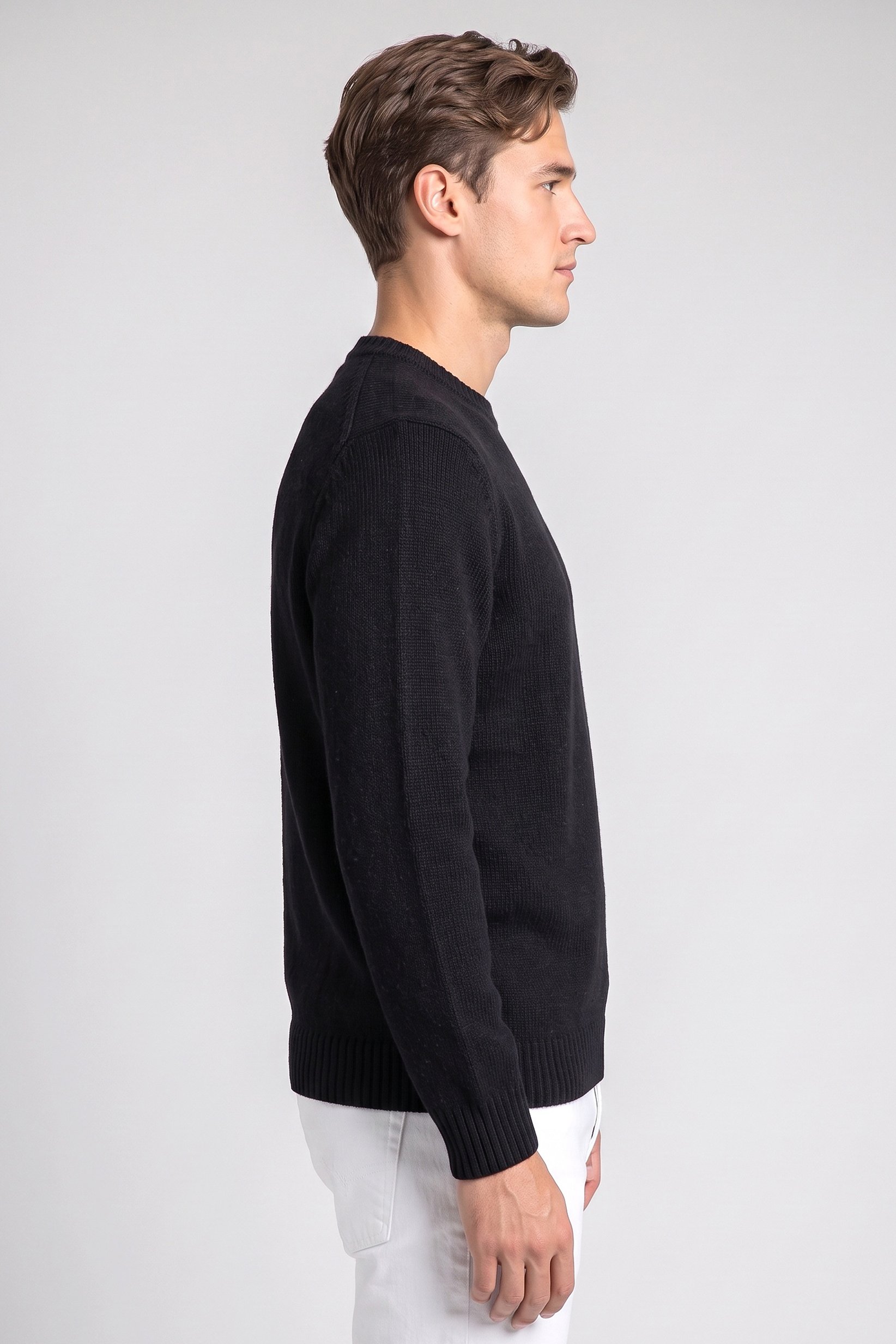 Men Crew Neck Textured Sweater, Black