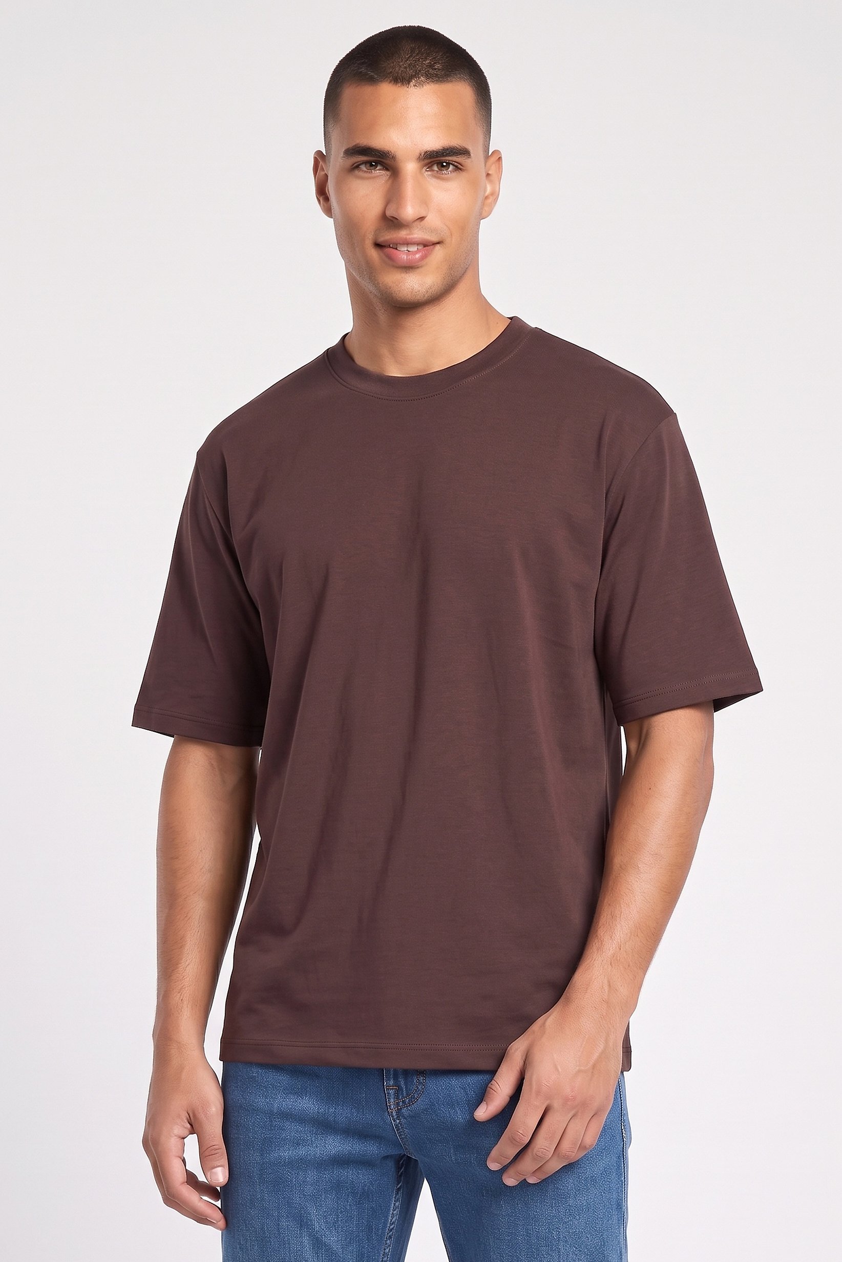 Men Crew Neck Short Sleeves Solid T-Shirt, Chocolate brown