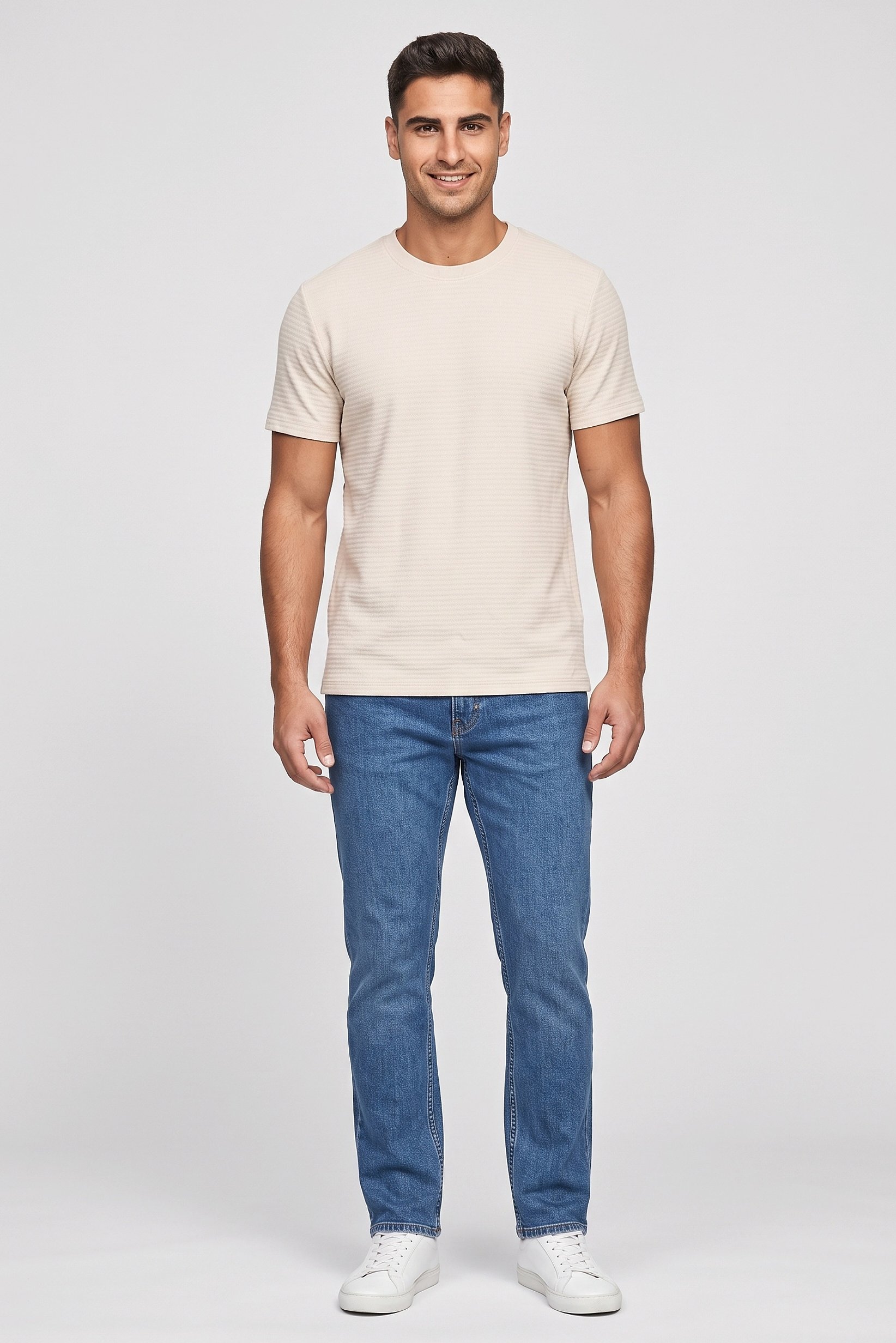 Men Crew Neck Short Sleeve Textured T-Shirt, Beige