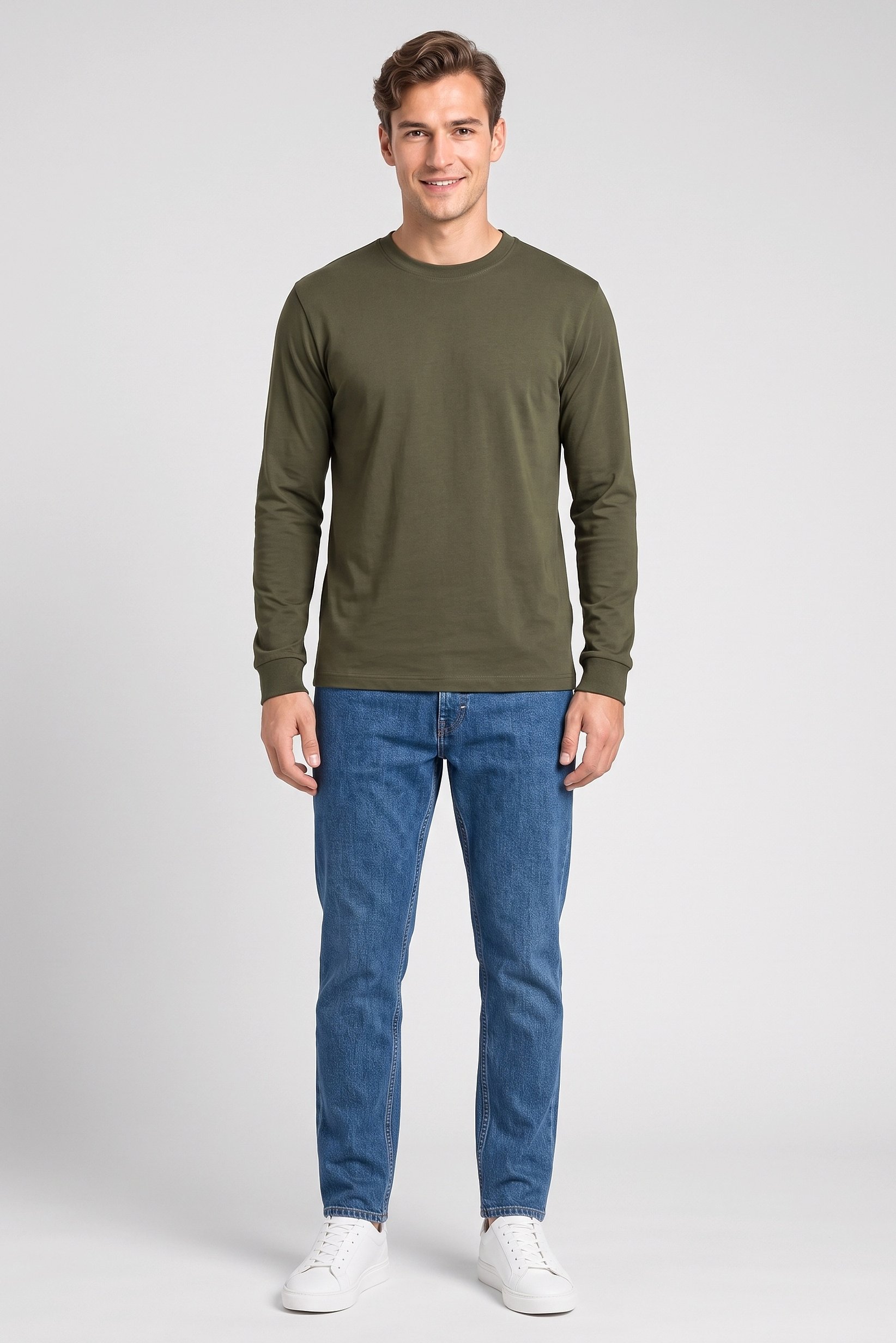 Men Crew Neck Long Sleeve Plain T-Shirt, Olive