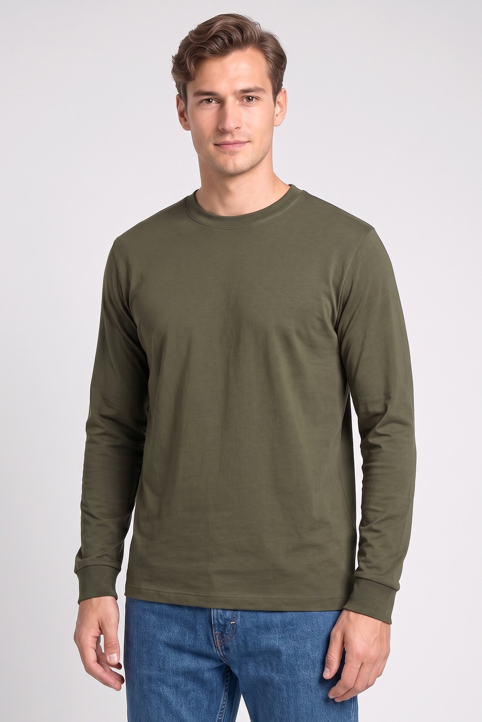 Men Crew Neck Long Sleeve Plain T-Shirt, Olive