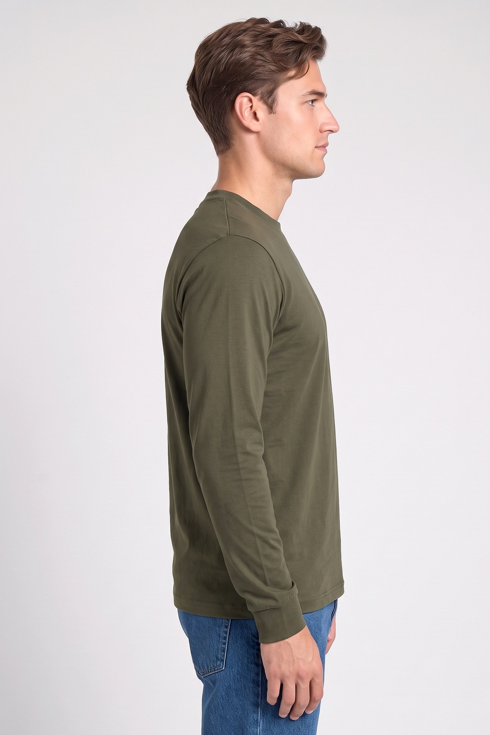 Men Crew Neck Long Sleeve Plain T-Shirt, Olive
