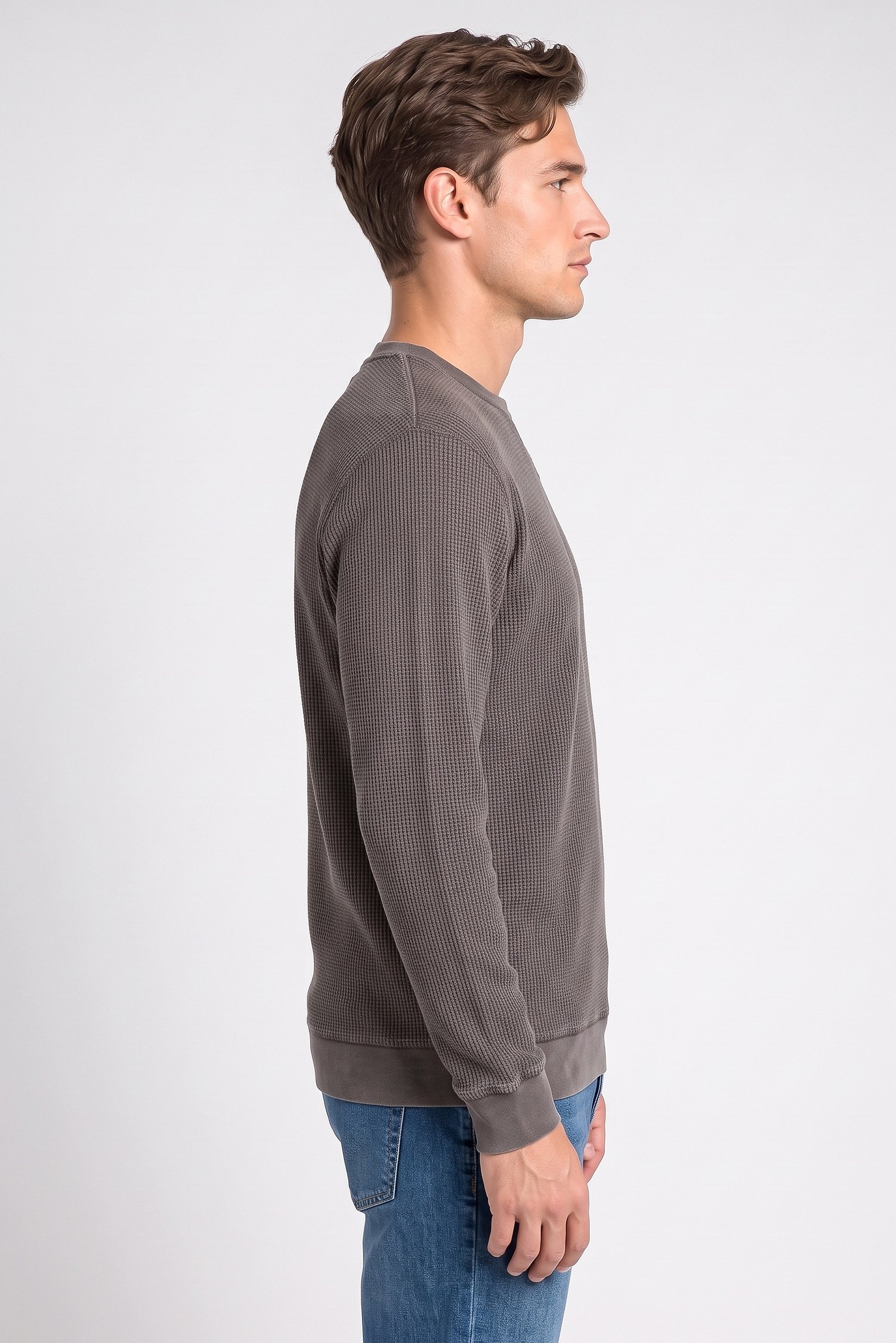 Men Crew Neck Textured Sweater, Dark Taupe