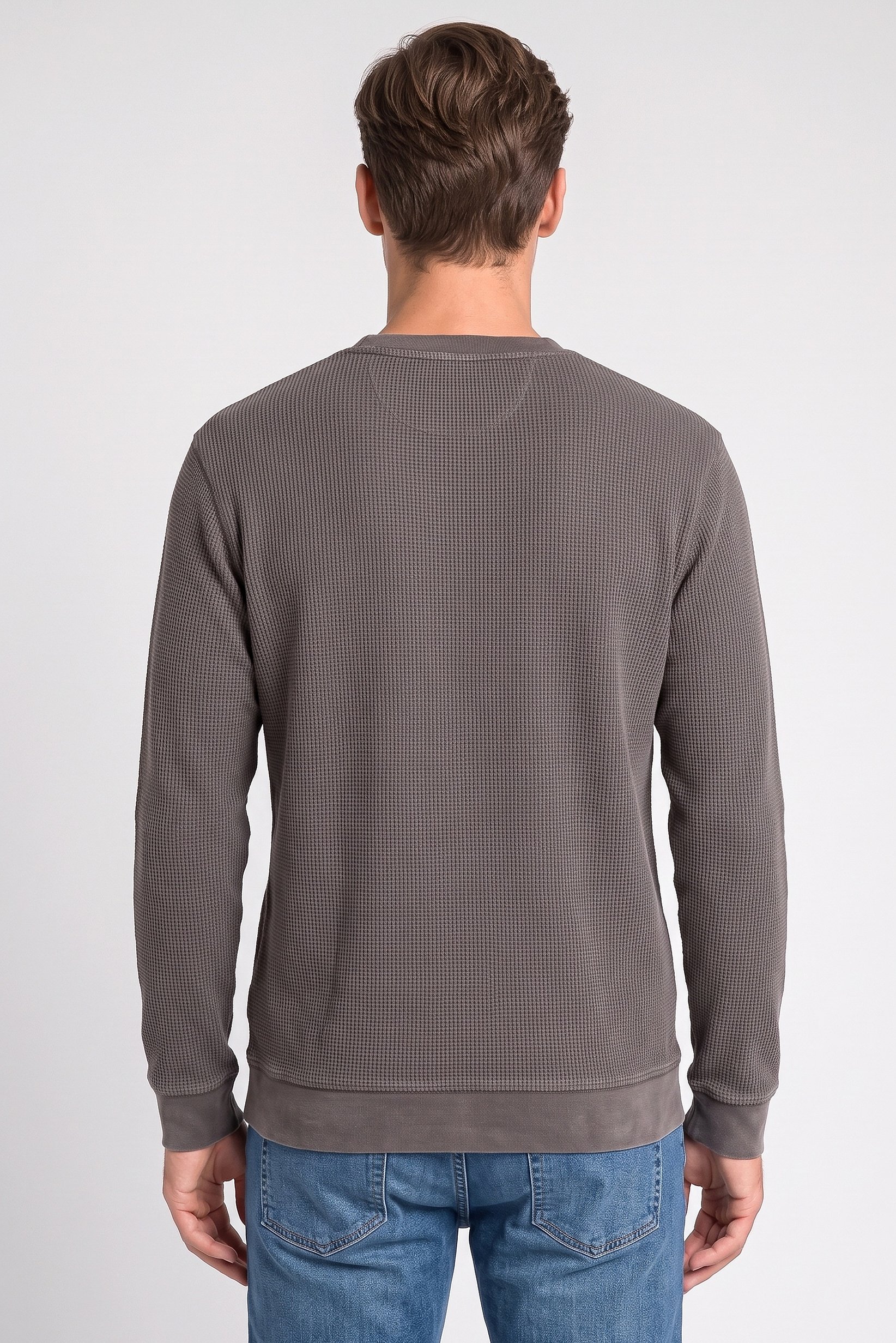 Men Crew Neck Textured Sweater, Dark Taupe