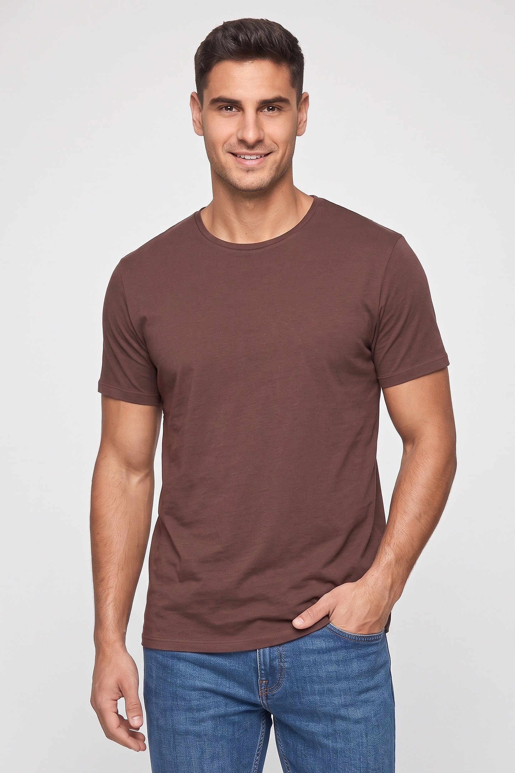Men Crew Neck Short Sleeve Solid T-Shirt, Chocolate Brown