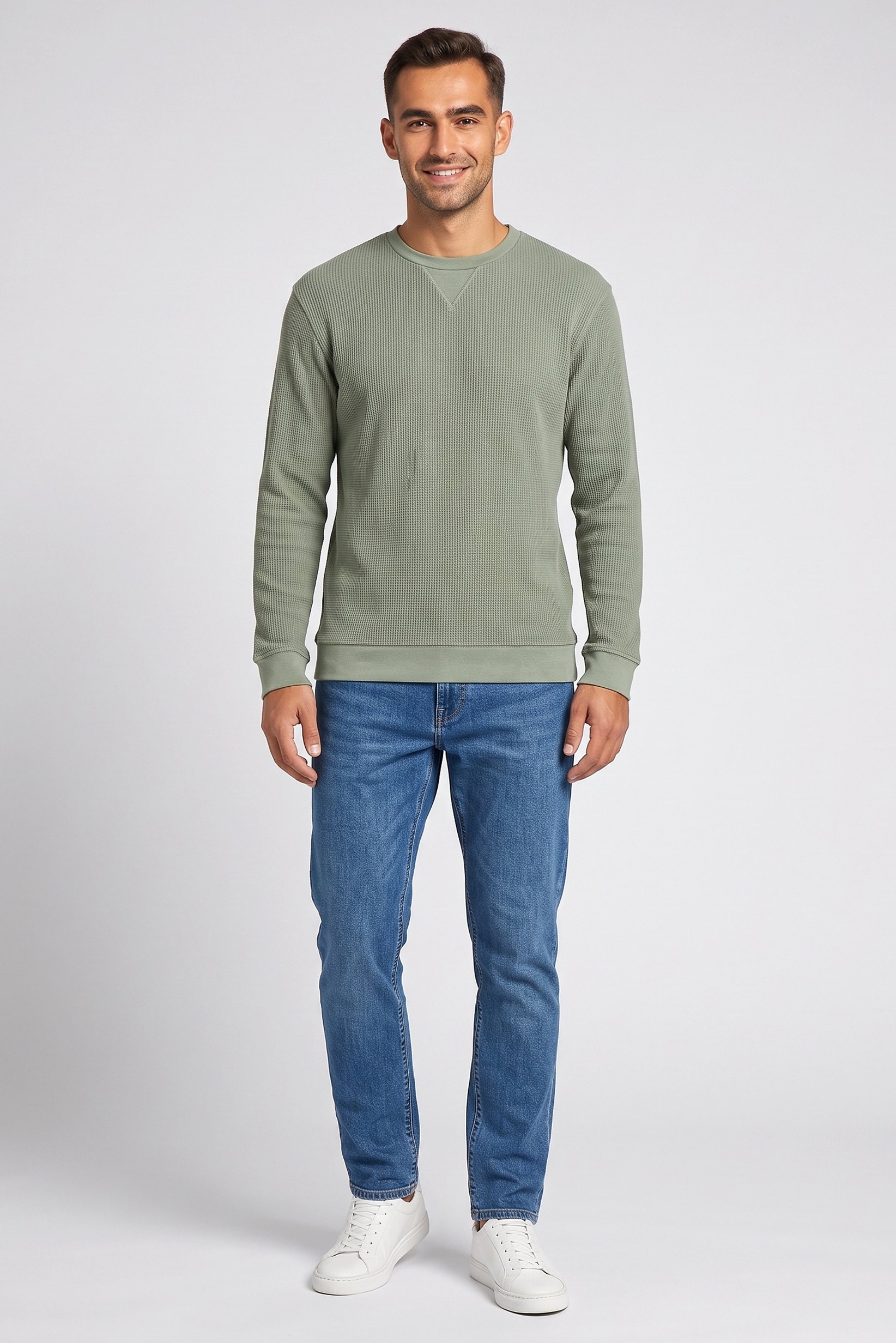 Men Crew Neck Textured Sweater, Sage Green
