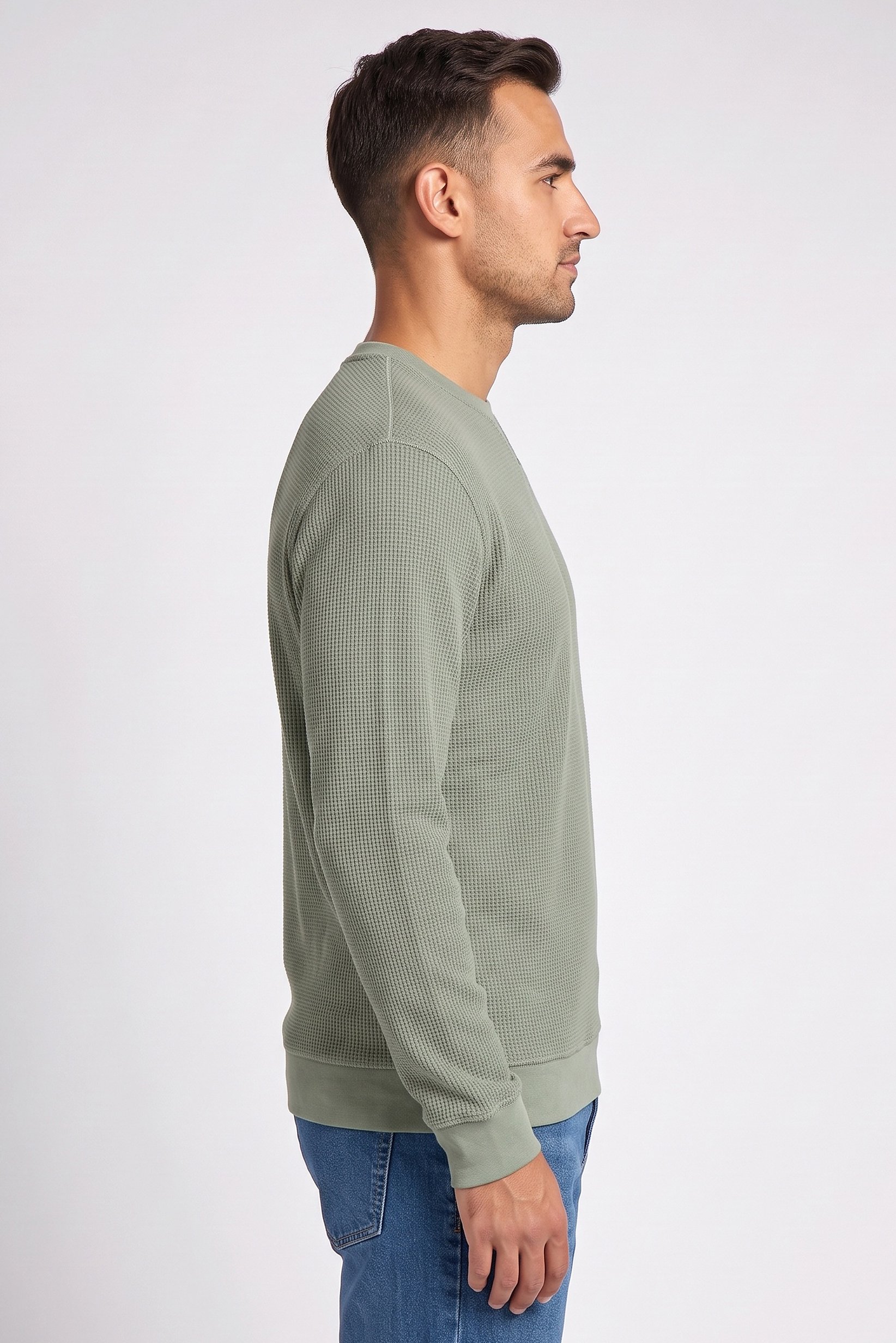 Men Crew Neck Textured Sweater, Sage Green
