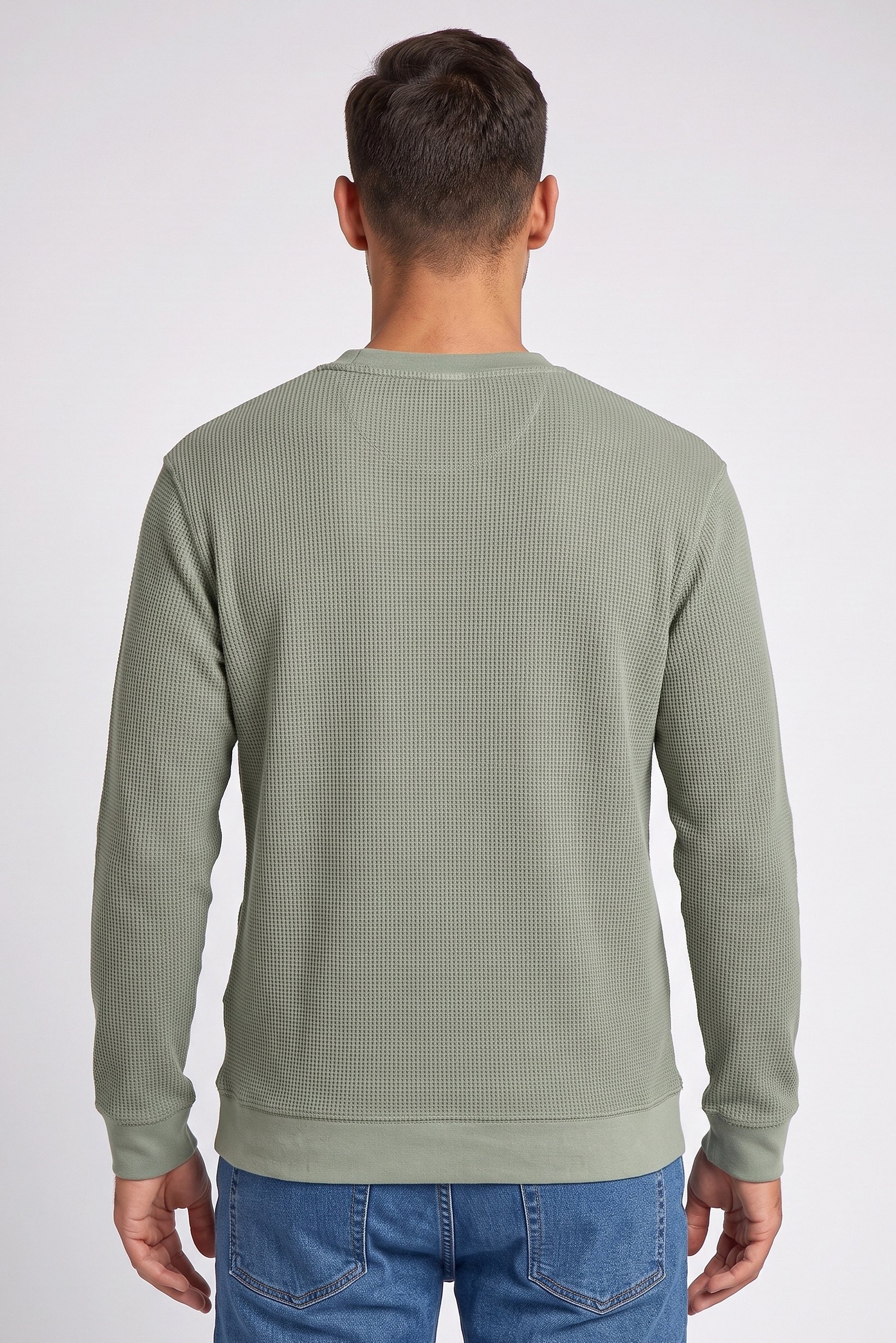 Men Crew Neck Textured Sweater, Sage Green