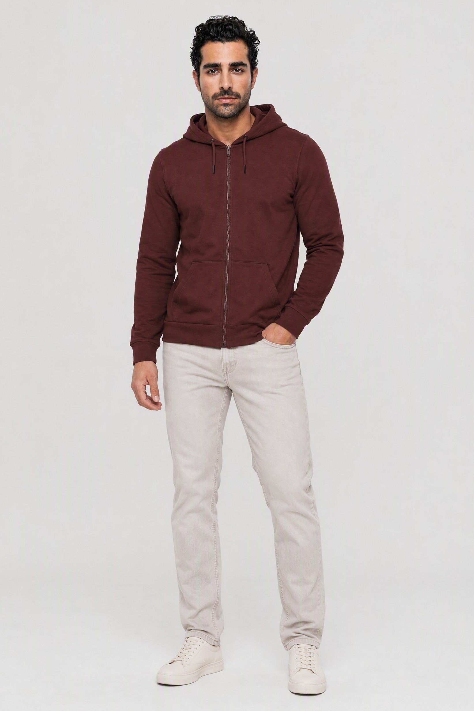 Men Long Sleeve Solid Hoodie, Maroon