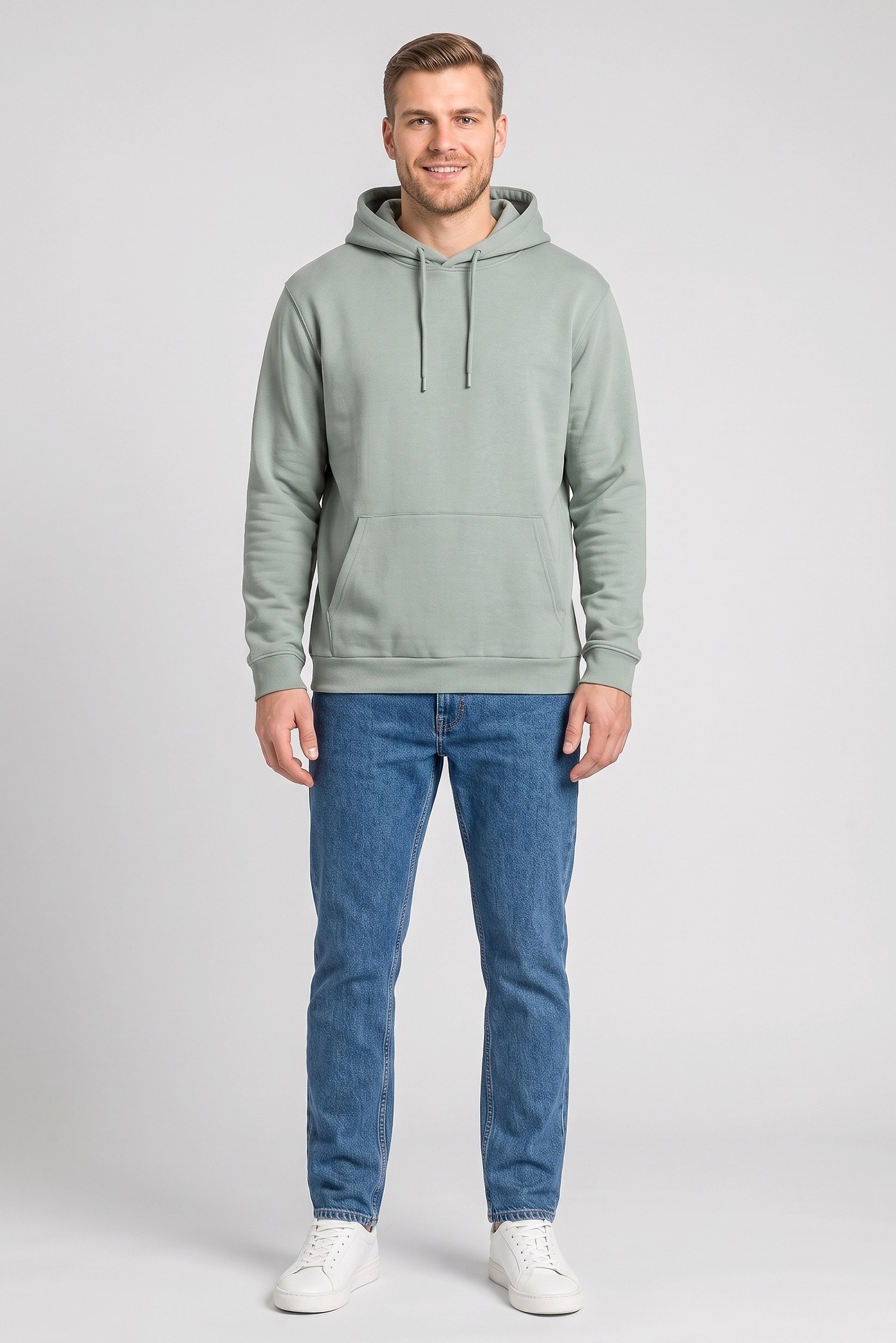Men Plain Long Sleeve Hoodie, Sage Green