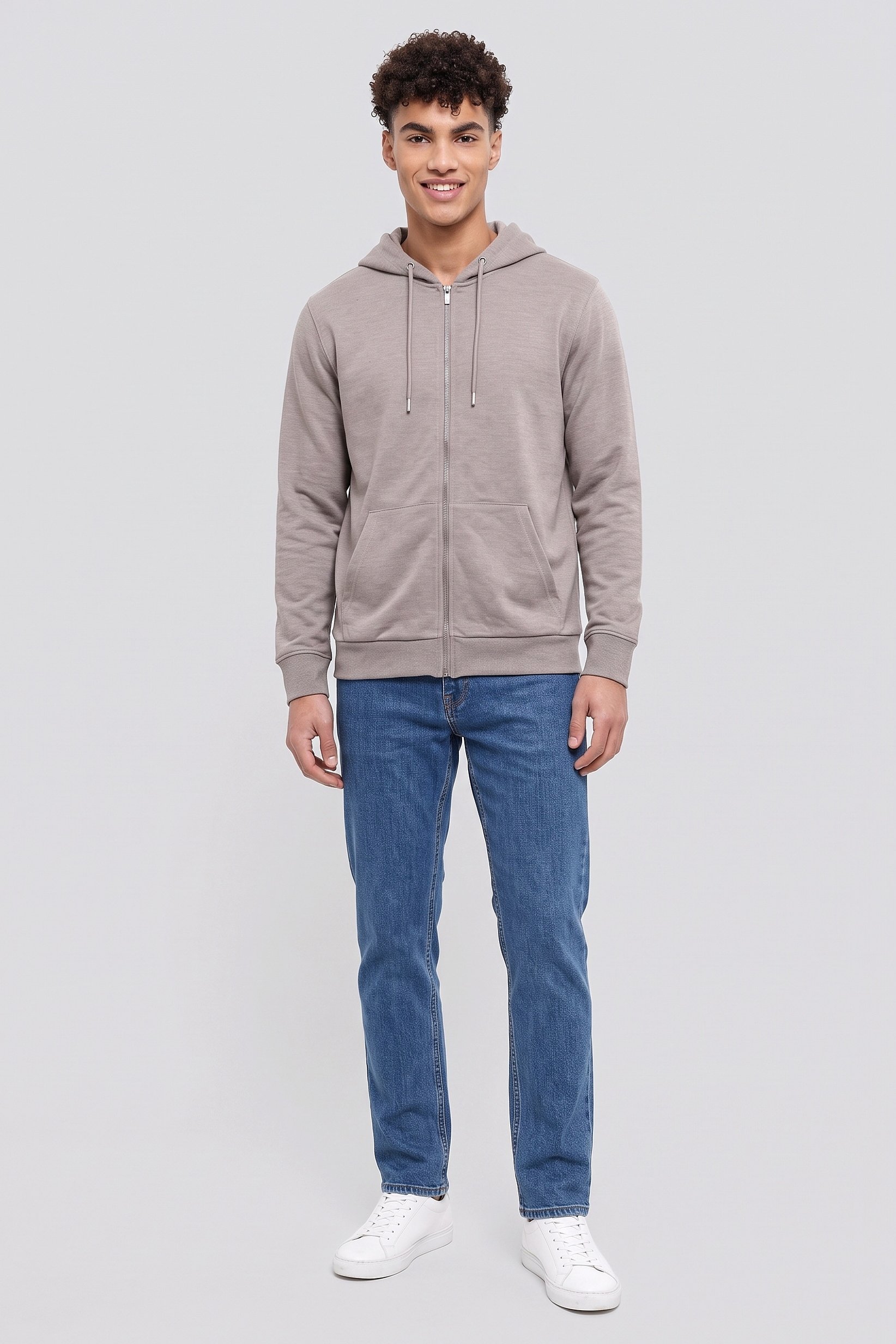 Men Plain Long Sleeve Hoodie, Taupe