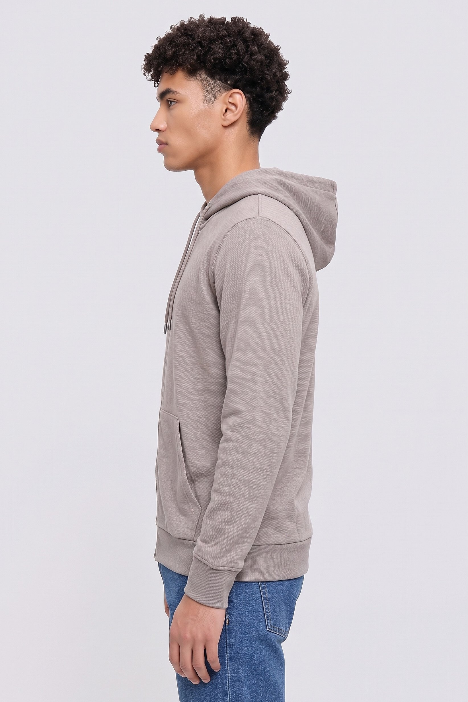 Men Plain Long Sleeve Hoodie, Taupe
