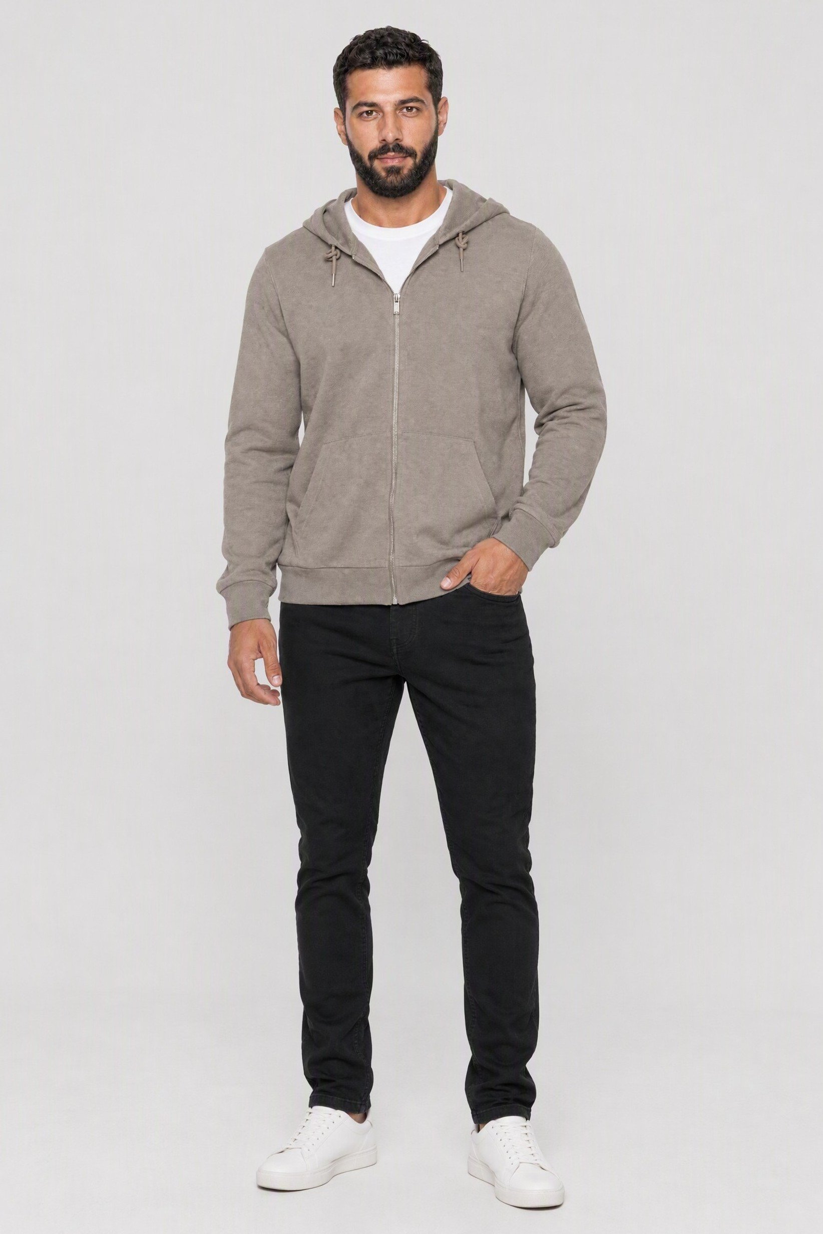 Men Long Sleeve Textured Full Zip Hoodie, Light Taupe