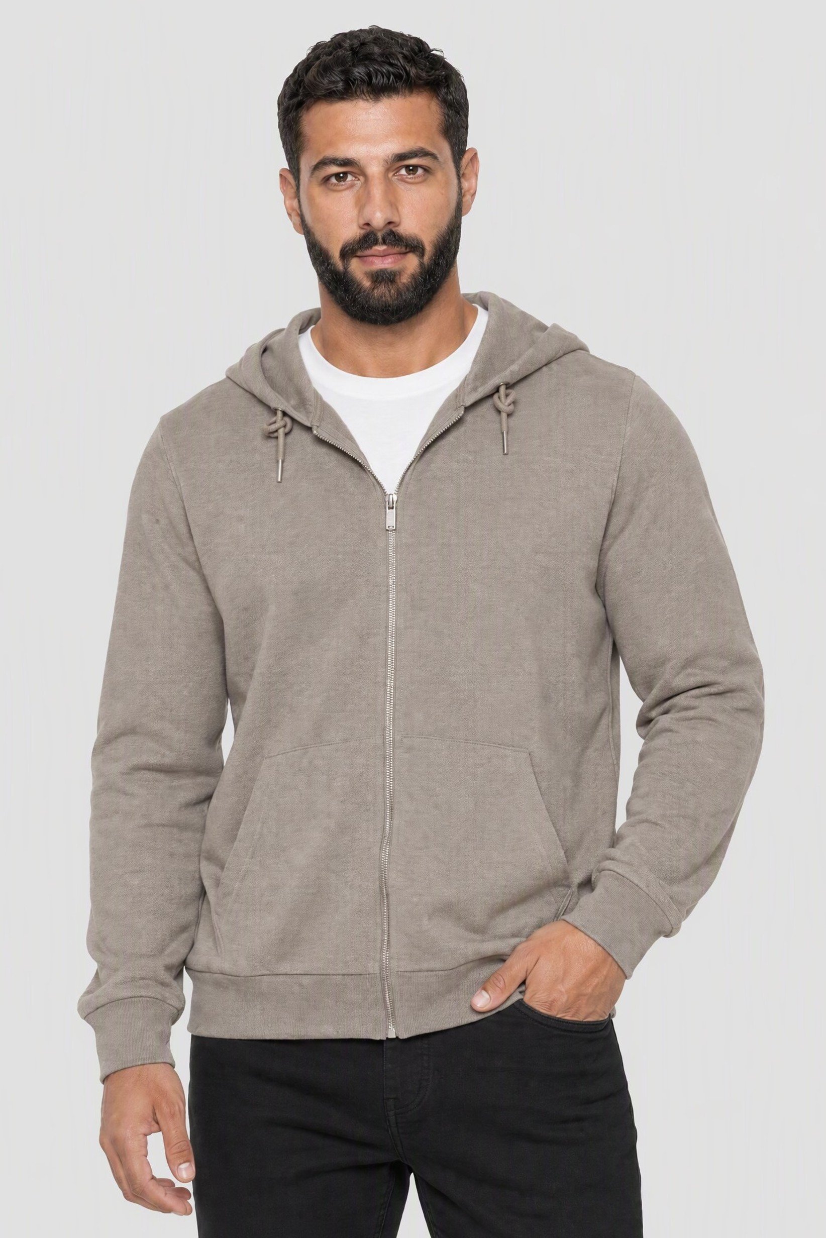 Men Long Sleeve Textured Full Zip Hoodie, Light Taupe