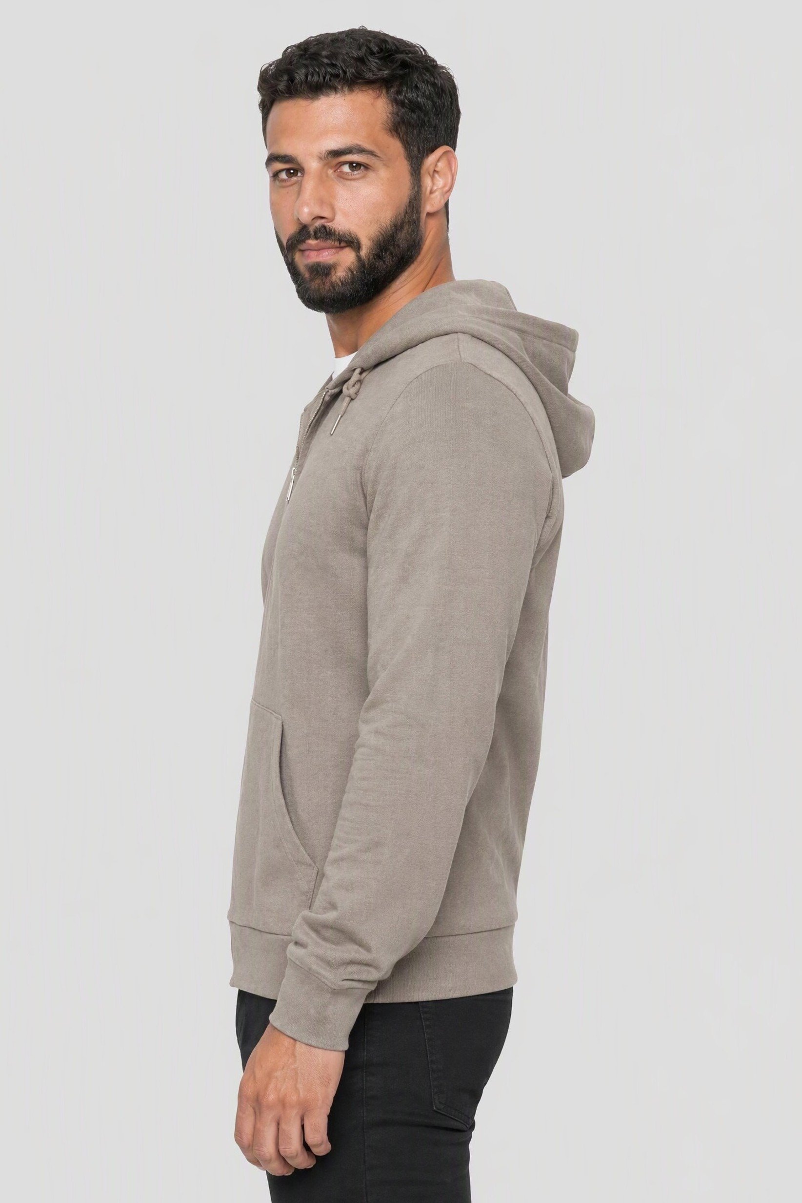 Men Long Sleeve Textured Full Zip Hoodie, Light Taupe