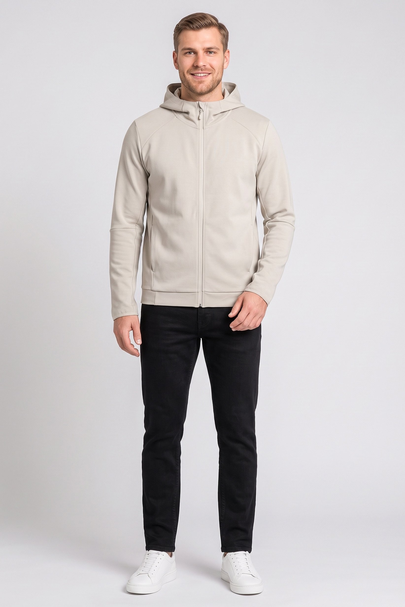Men Solid Long Sleeve Hoodie, Beige
