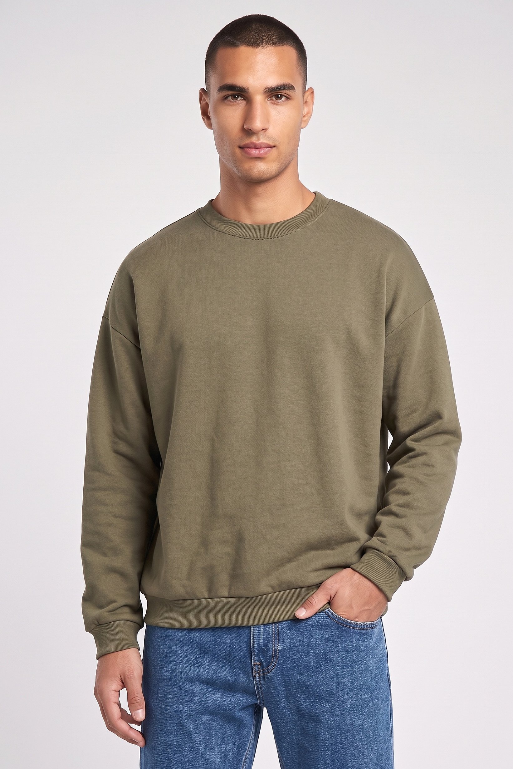 Men Crew Neck Long Sleeve Plain Sweatshirt, Sage Green