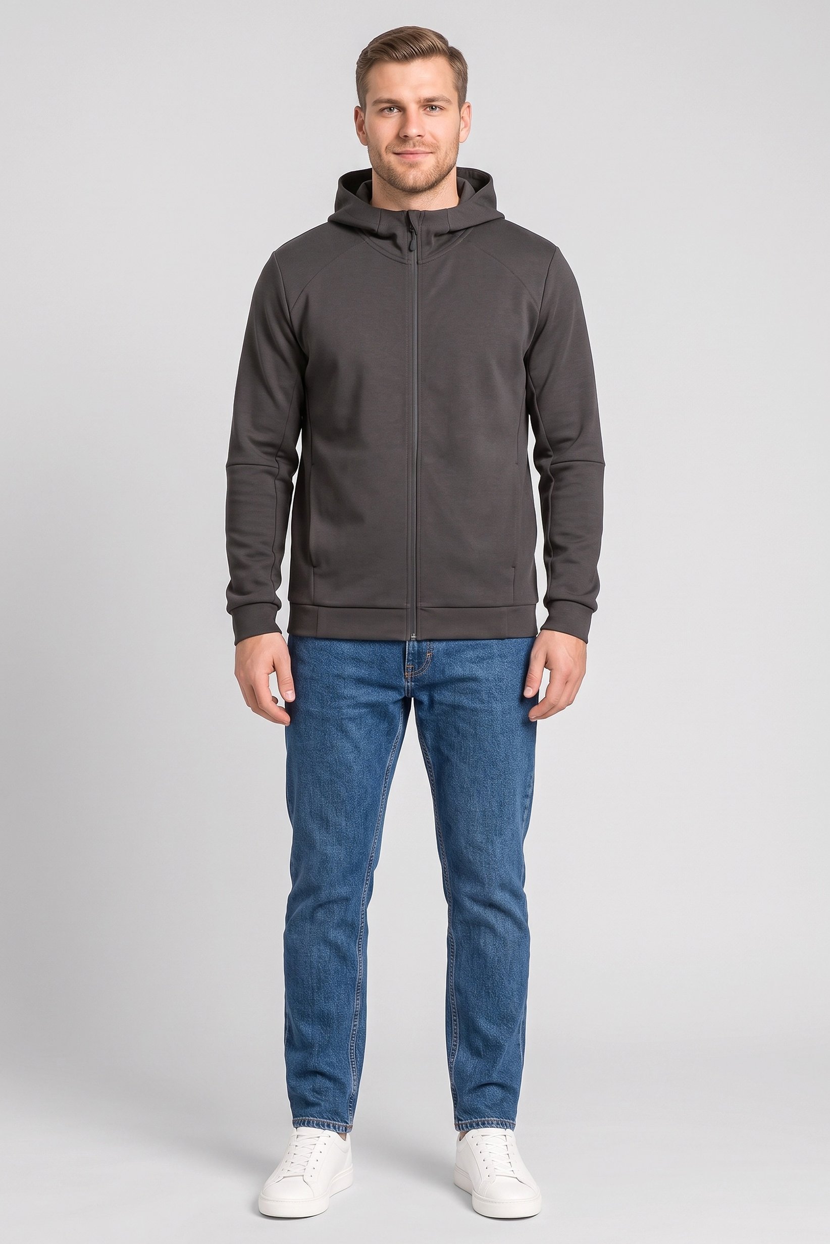 Men Solid Long Sleeve Hoodie, Charcoal Grey