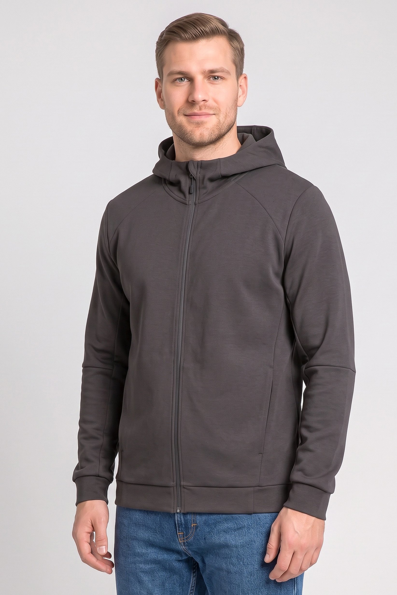 Men Solid Long Sleeve Hoodie, Charcoal Grey