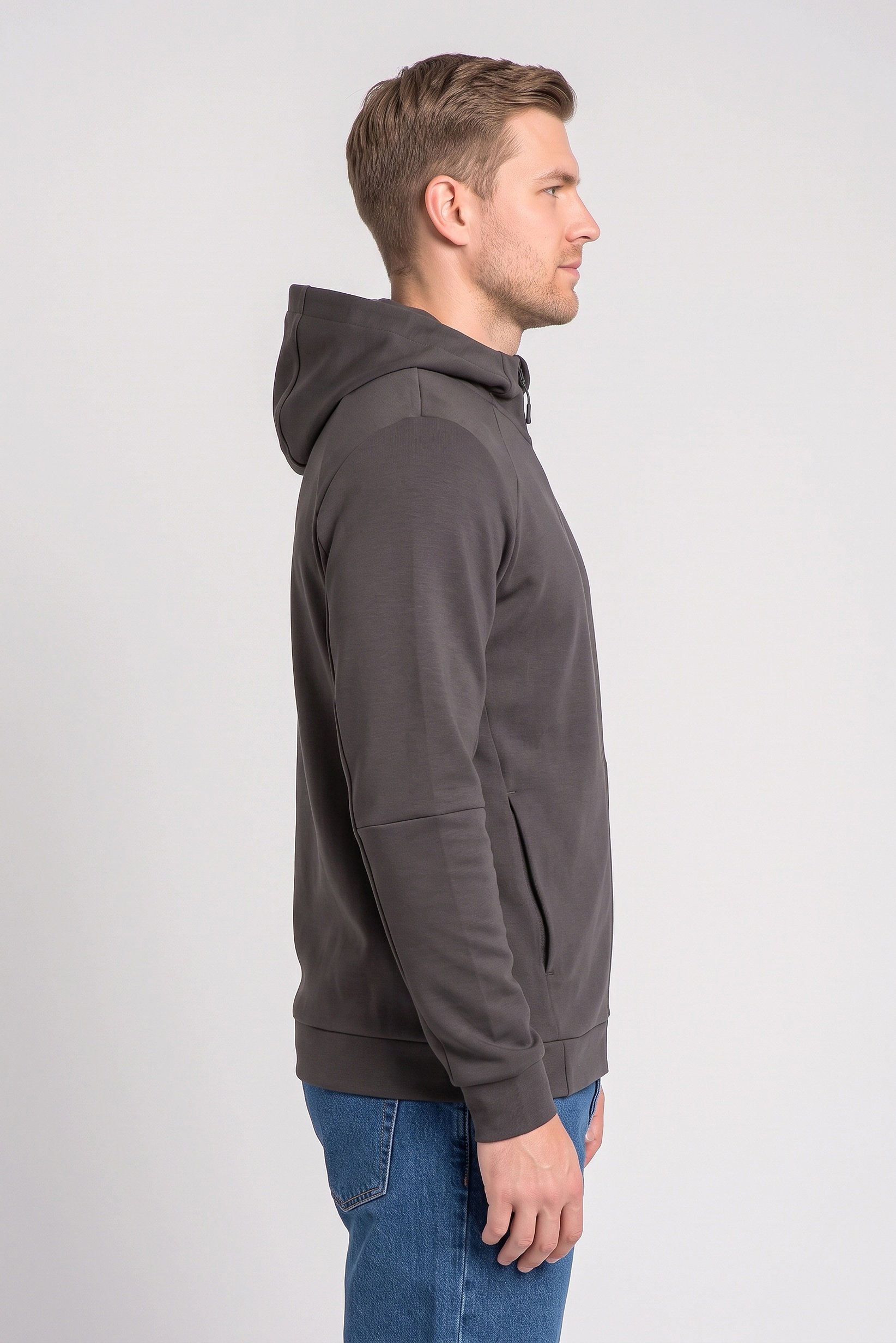 Men Solid Long Sleeve Hoodie, Charcoal Grey