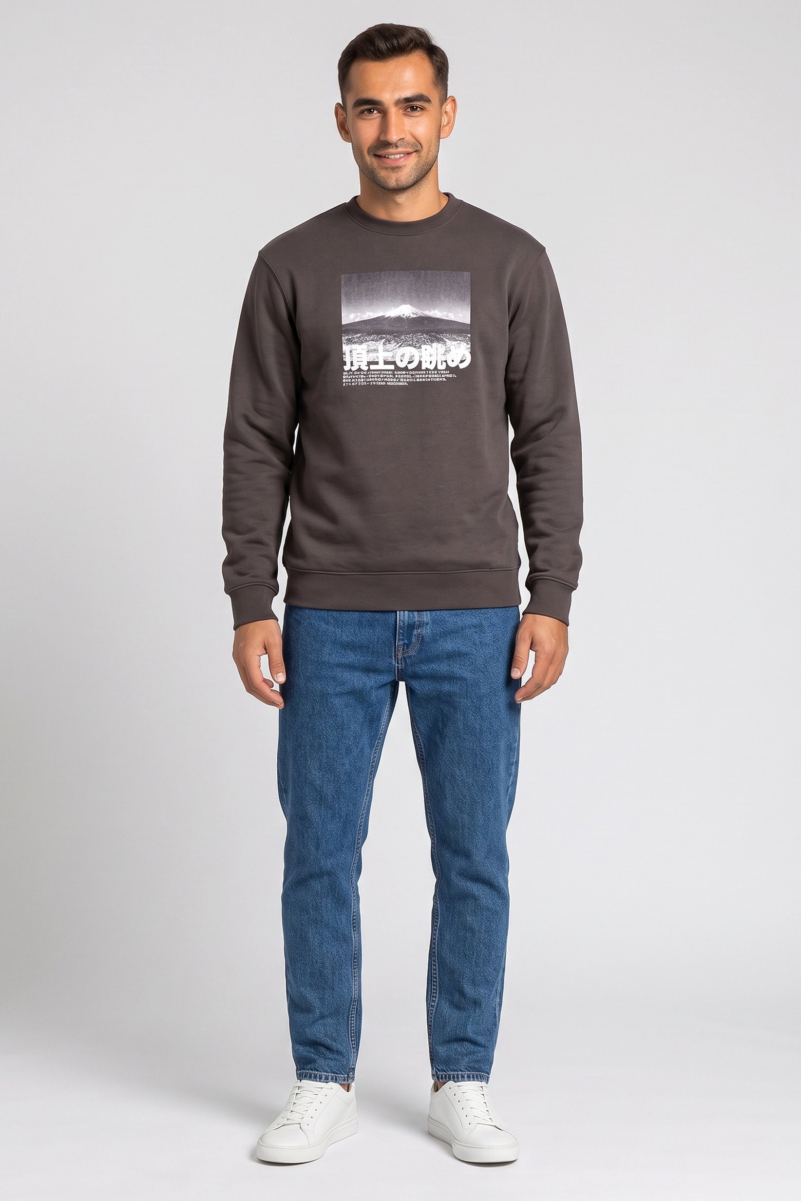 Men Crew Neck Graphic Print Long Sleeve Hoodie, Charcoal
