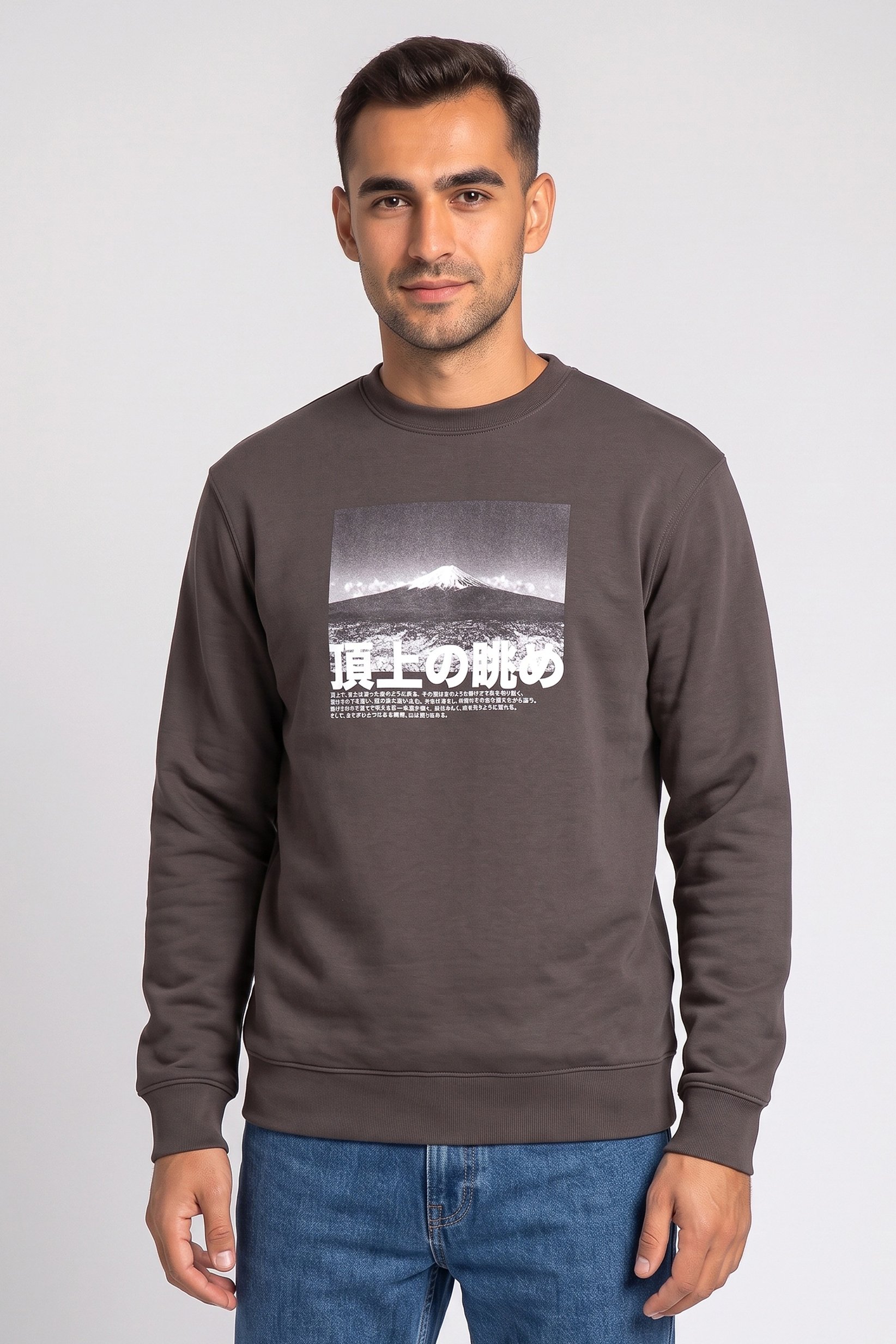 Men Crew Neck Graphic Print Long Sleeve Hoodie, Charcoal