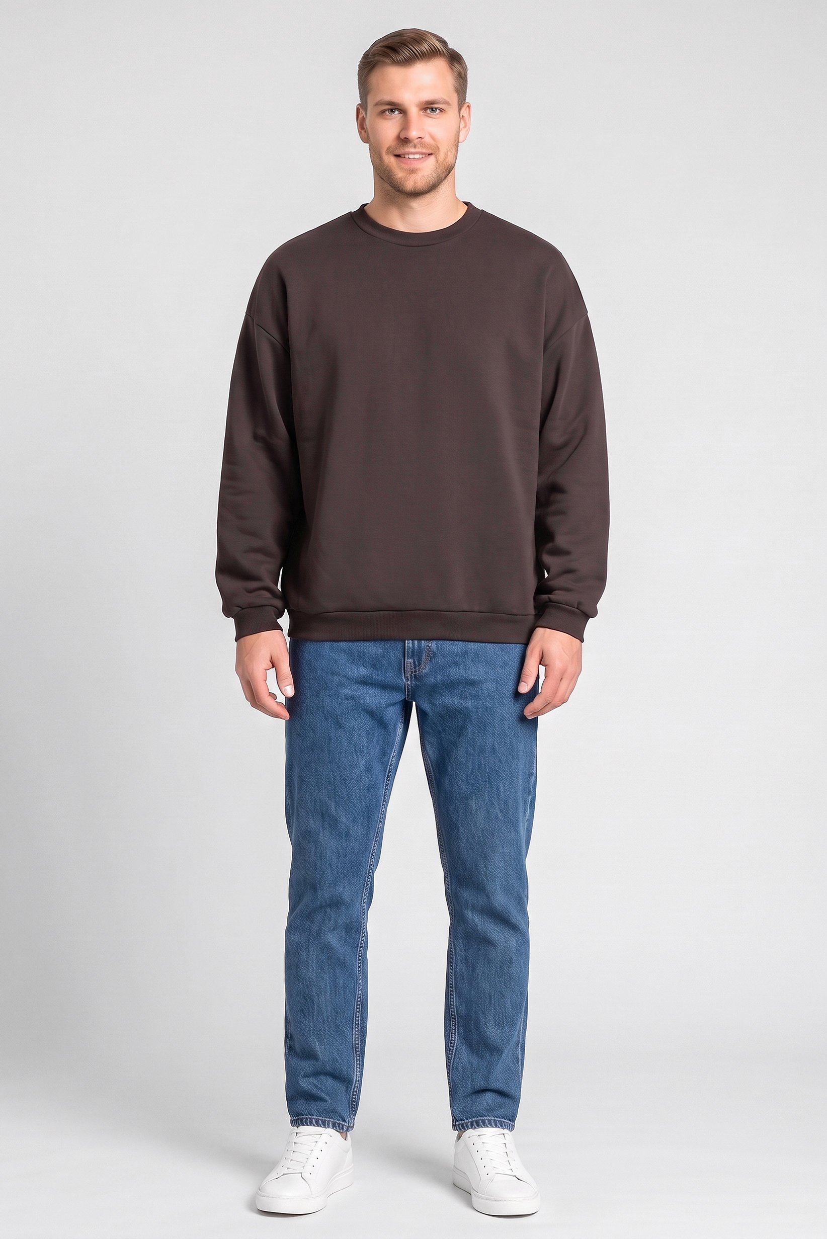 Men Crew Neck Long Sleeve Plain Sweatshirt, Dark Coffee Brown