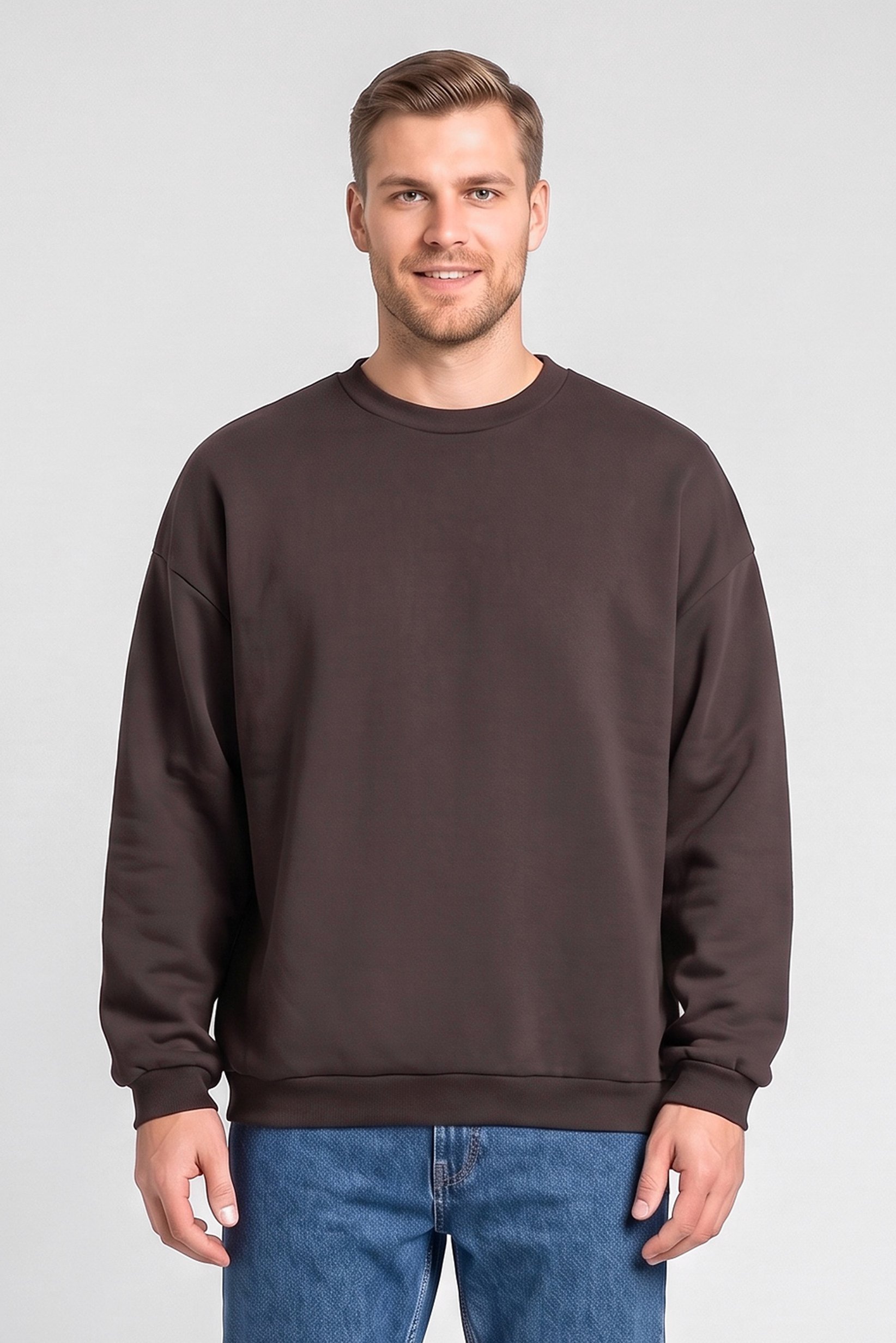 Men Crew Neck Long Sleeve Plain Sweatshirt, Dark Coffee Brown