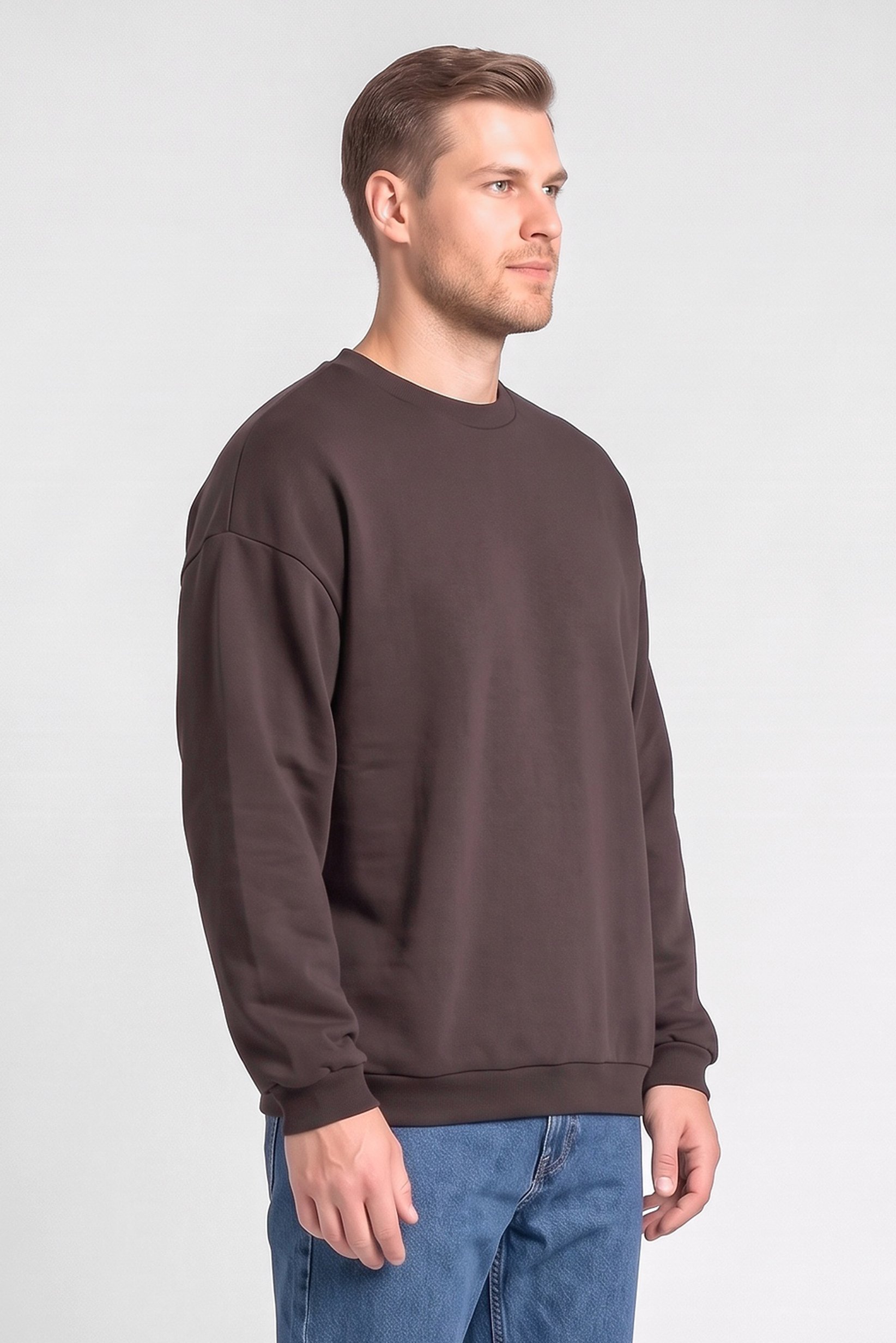 Men Crew Neck Long Sleeve Plain Sweatshirt, Dark Coffee Brown