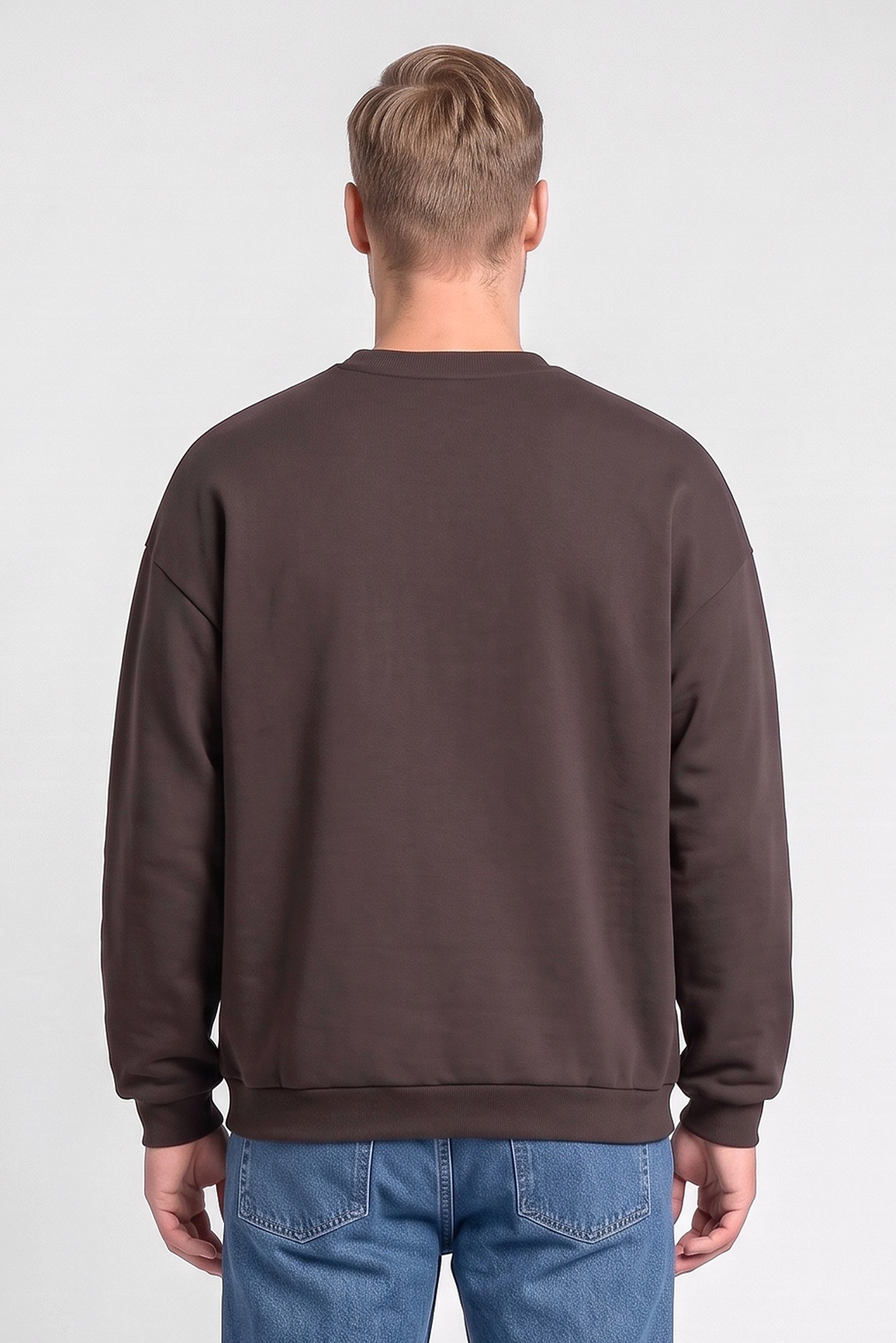 Men Crew Neck Long Sleeve Plain Sweatshirt, Dark Coffee Brown