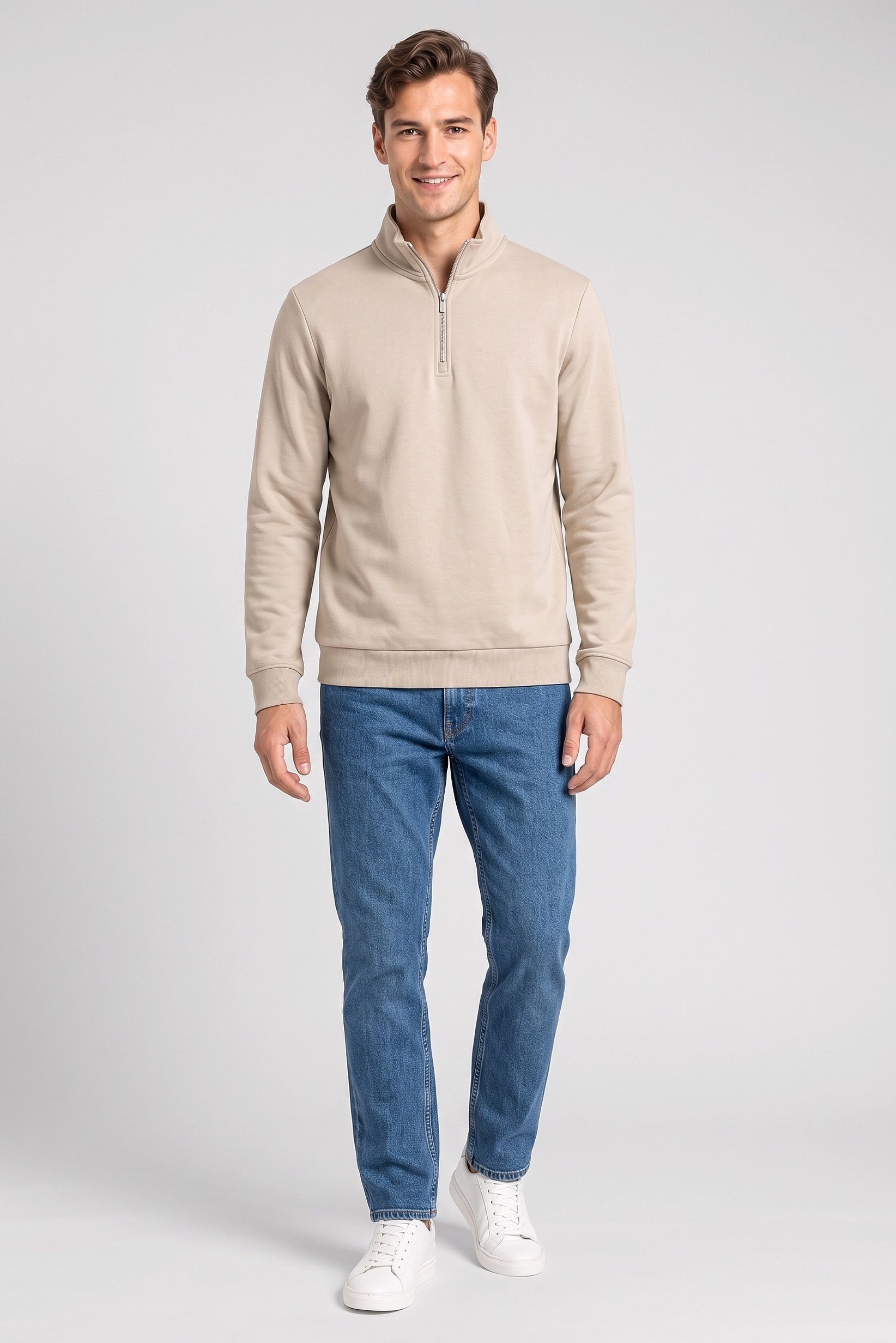 Men Long Sleeve Solid Sweatshirt, Beige