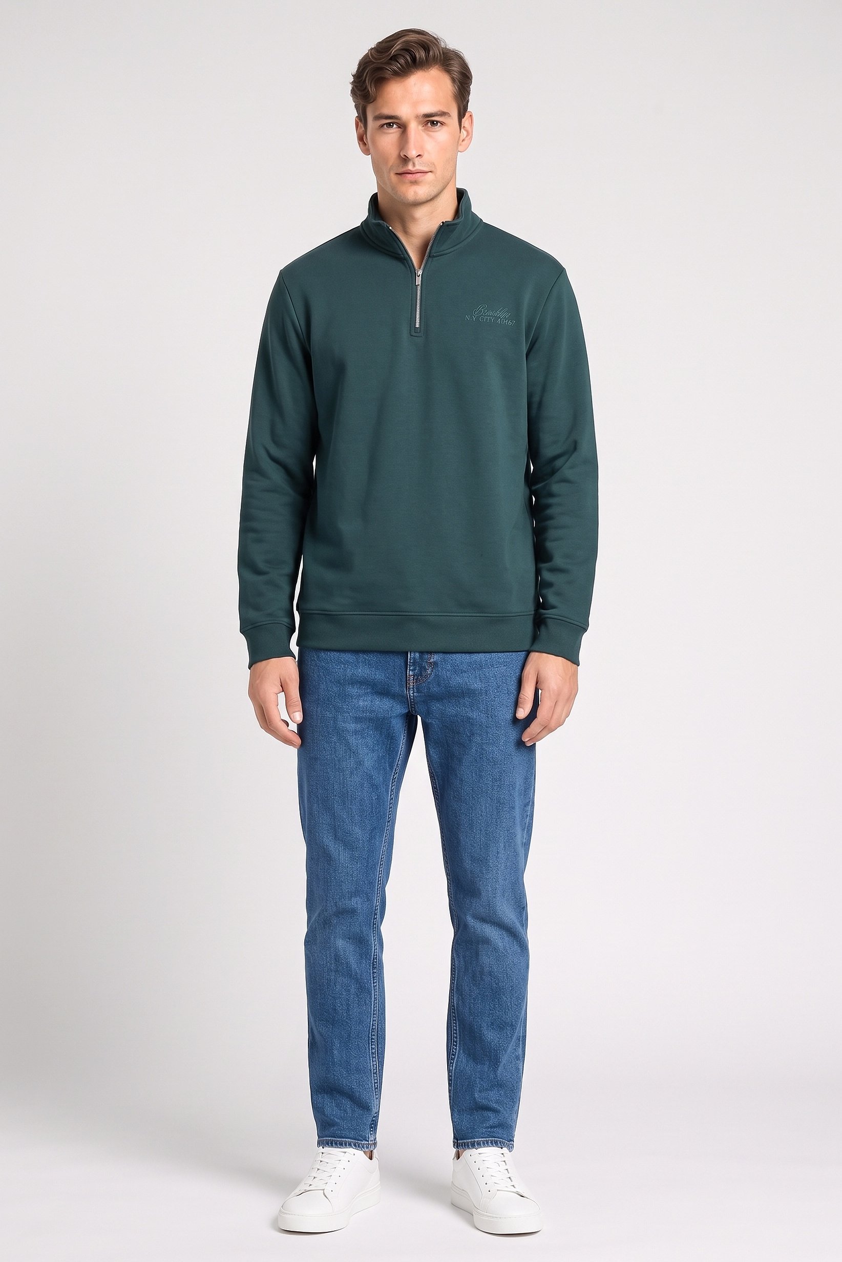 Men High Neck Embroidered Long Sleeve Sweatshirt, Dark Green