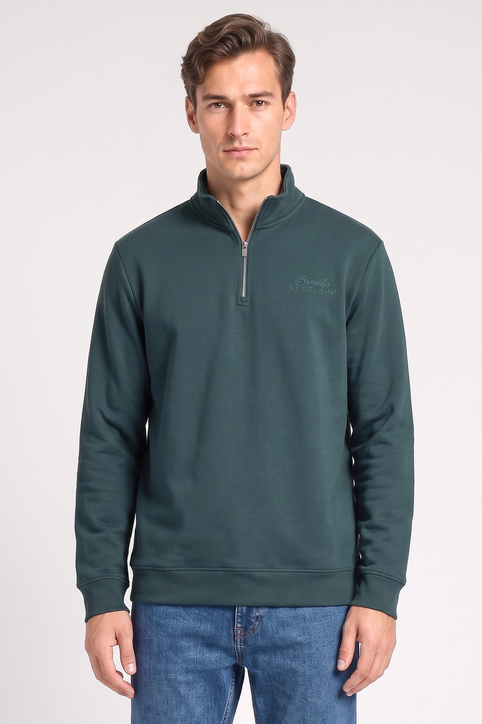 Men High Neck Embroidered Long Sleeve Sweatshirt, Dark Green
