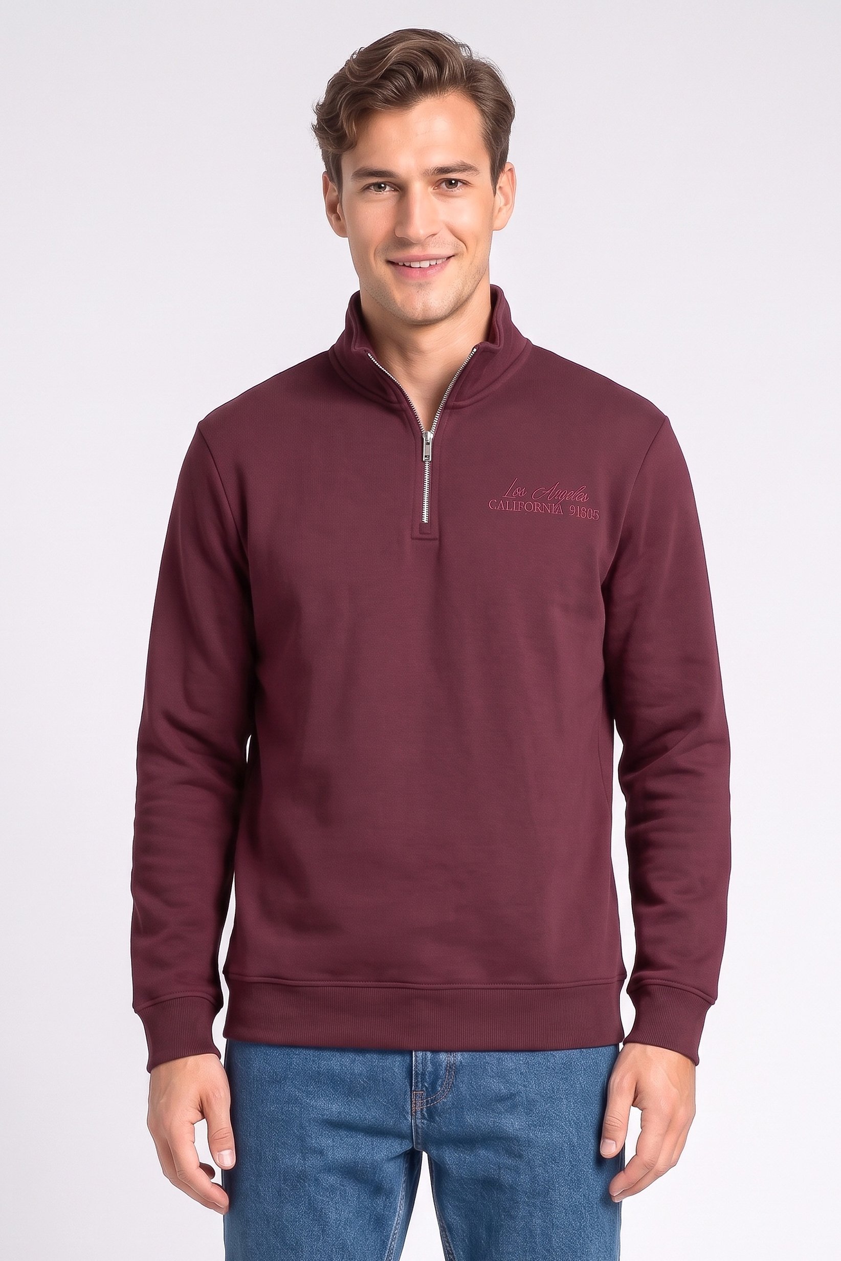 Men High Neck Embroidered Long Sleeve Sweatshirt, Maroon