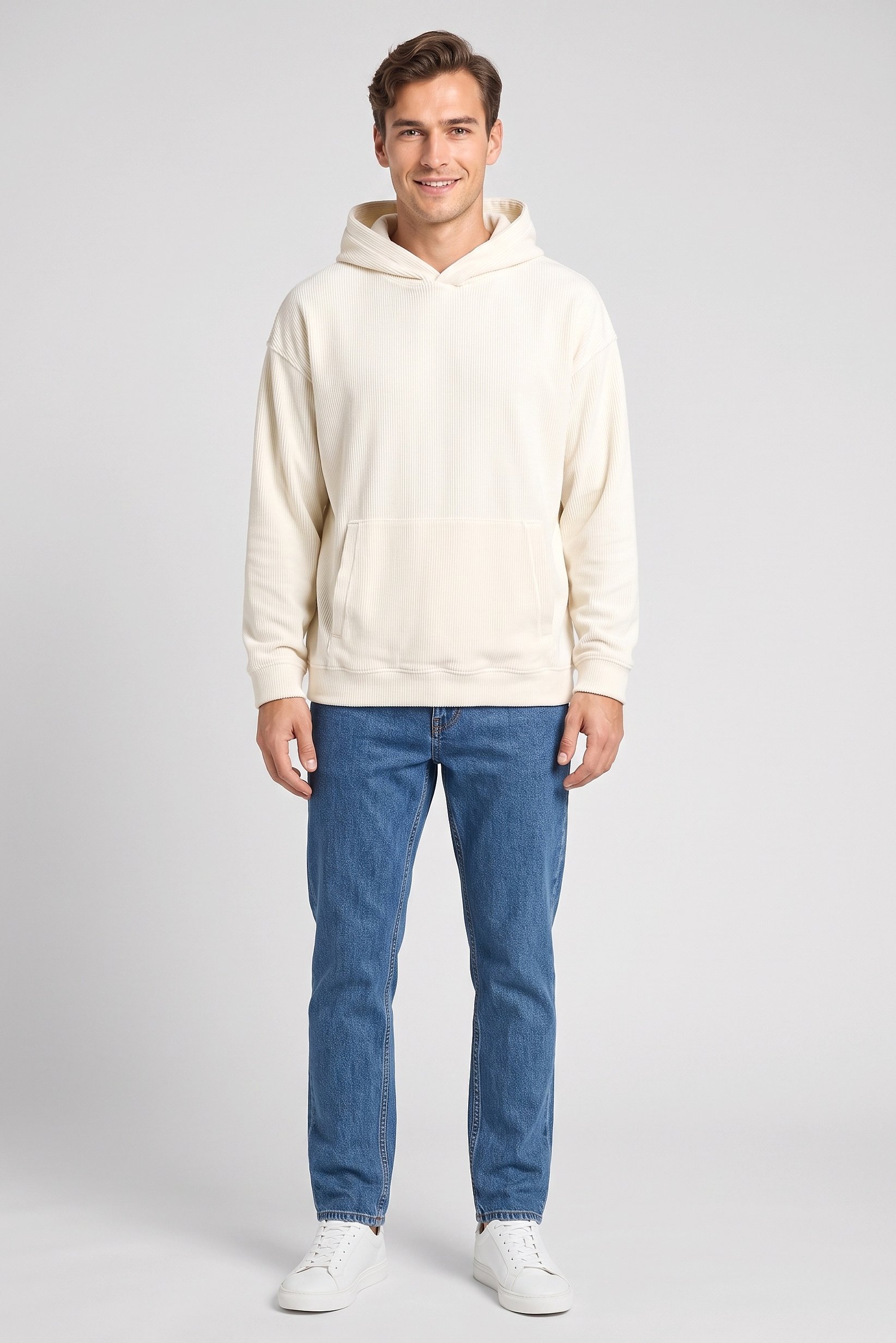 Men Ribbed Long Sleeve Hoodie, Cream