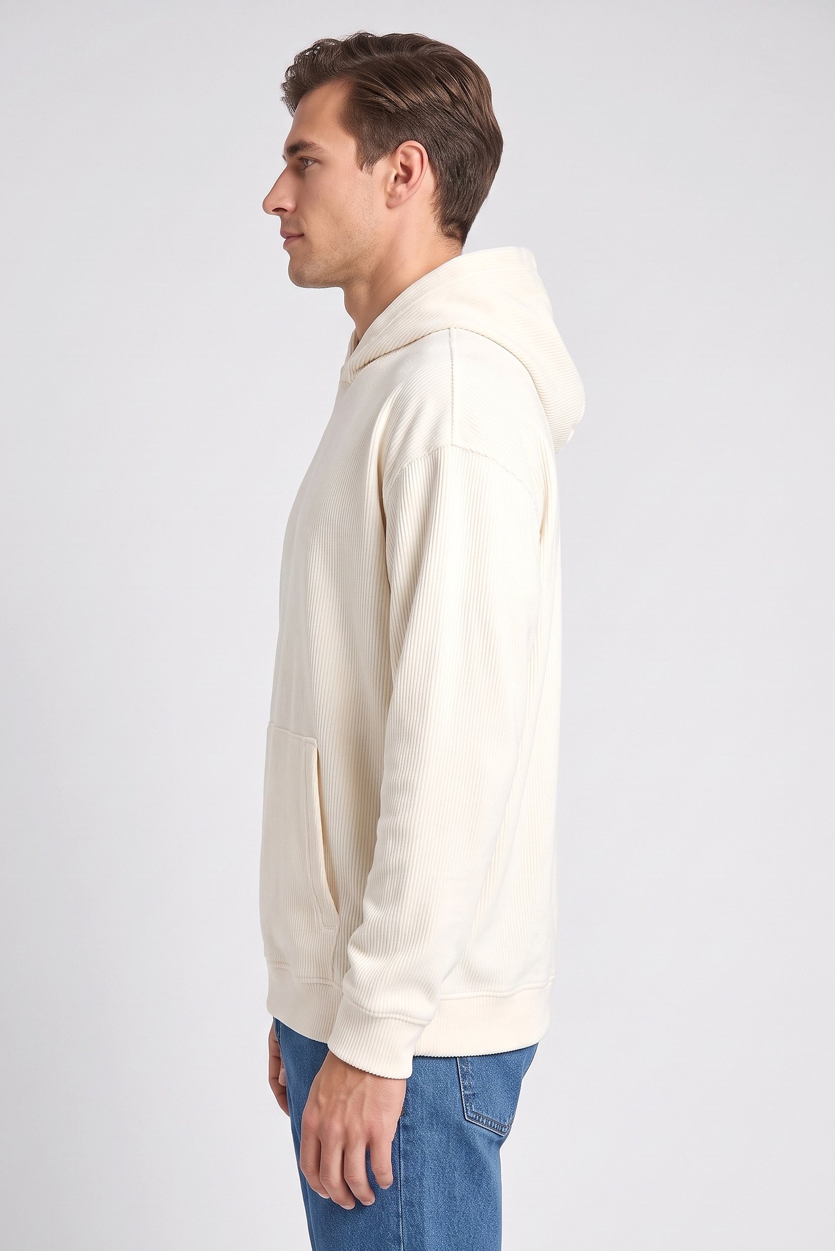 Men Ribbed Long Sleeve Hoodie, Cream