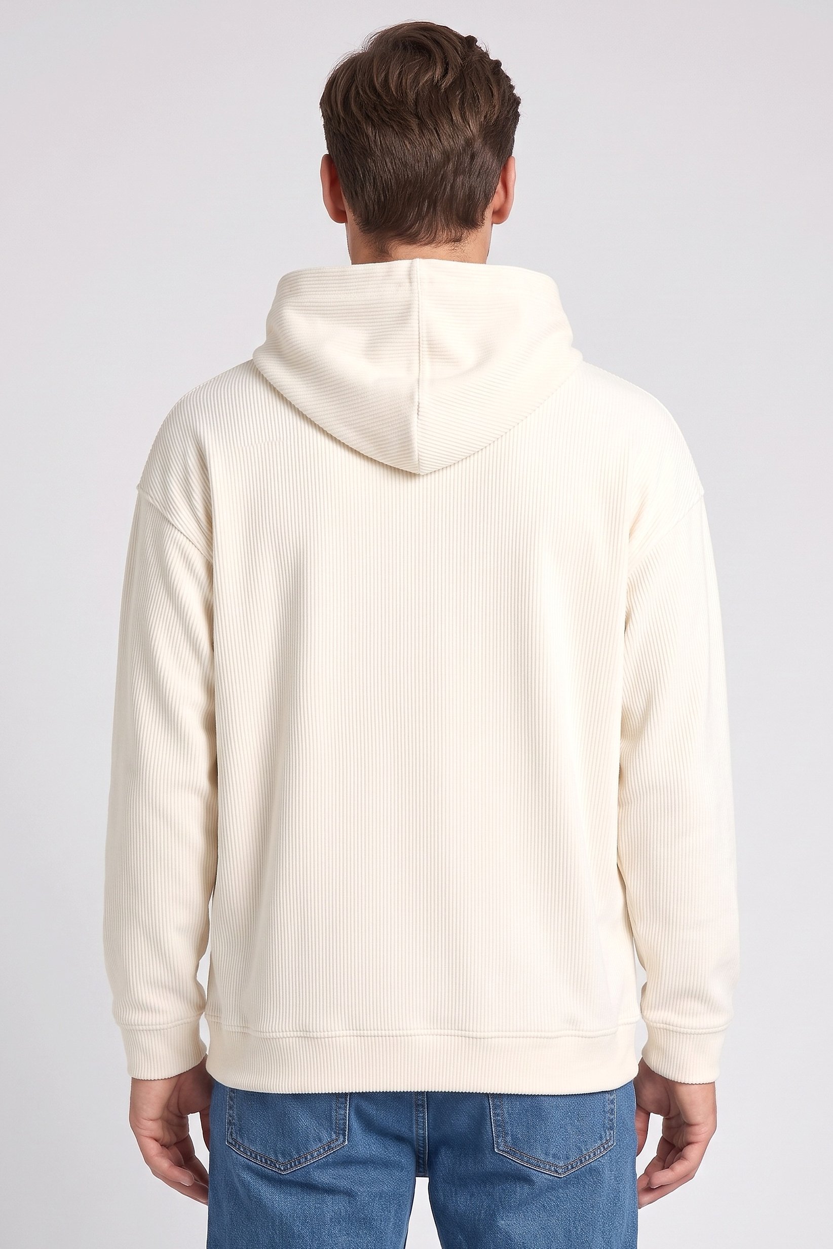Men Ribbed Long Sleeve Hoodie, Cream