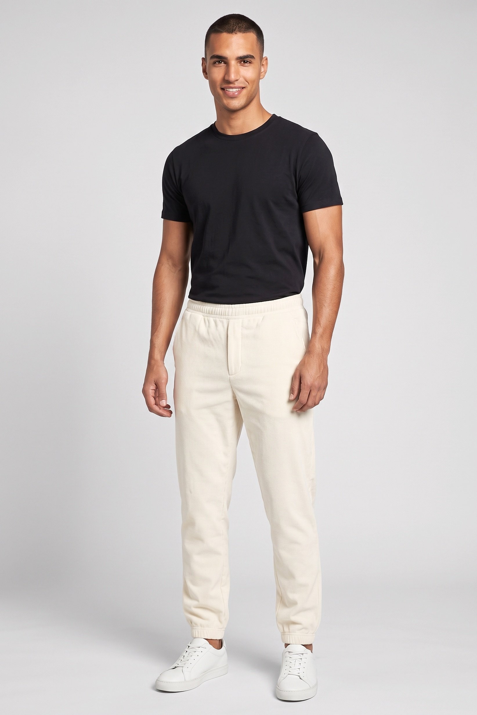 Men Regular Fit Textured Corduroy Pants, Ivory