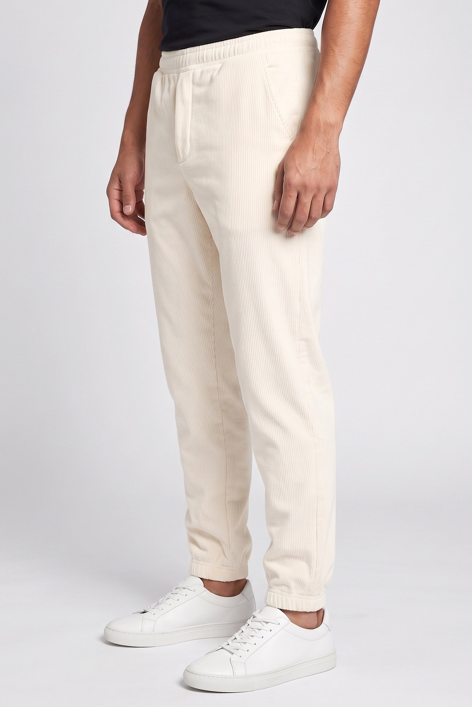 Men Regular Fit Textured Corduroy Pants, Ivory