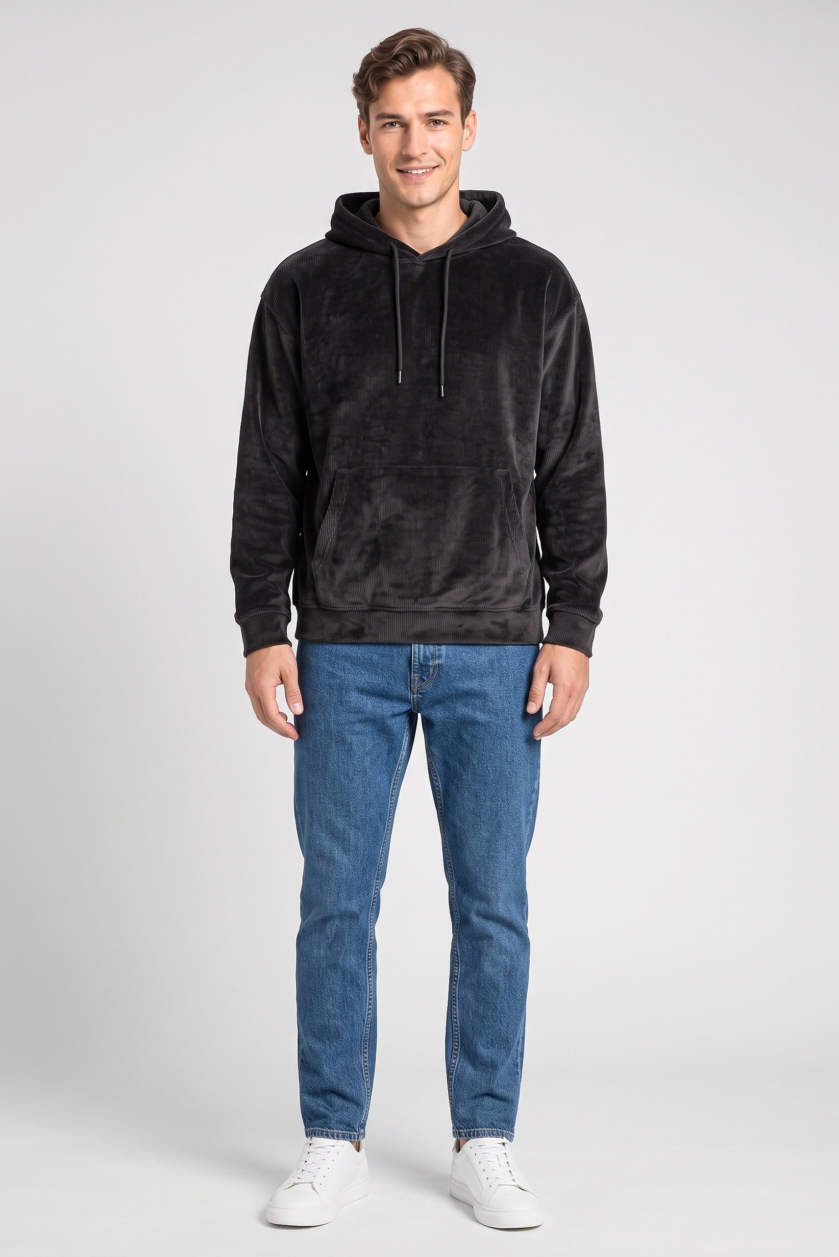 Men Ribbed Long Sleeve Hoodie, Dark Grey