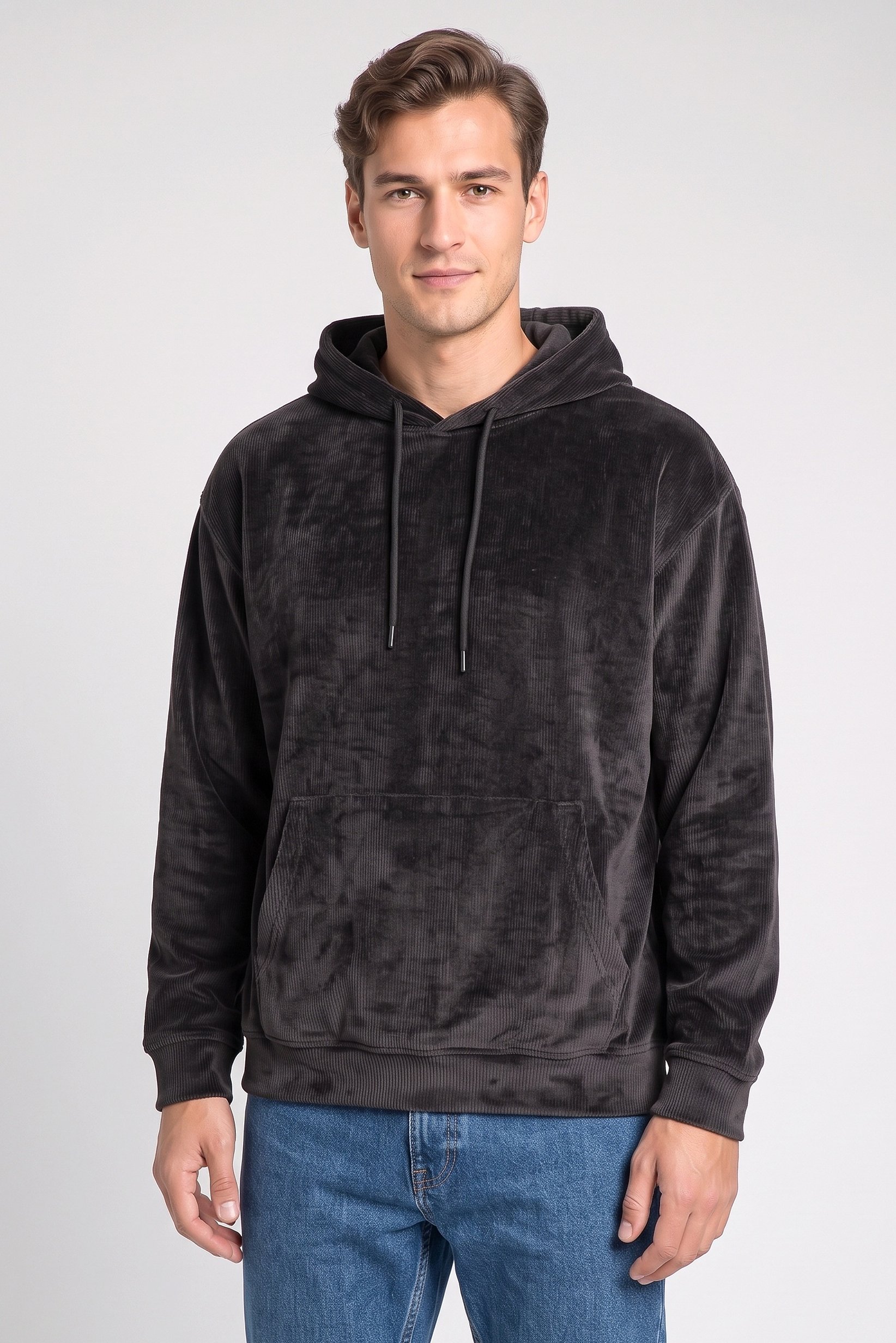 Men Ribbed Long Sleeve Hoodie, Dark Grey
