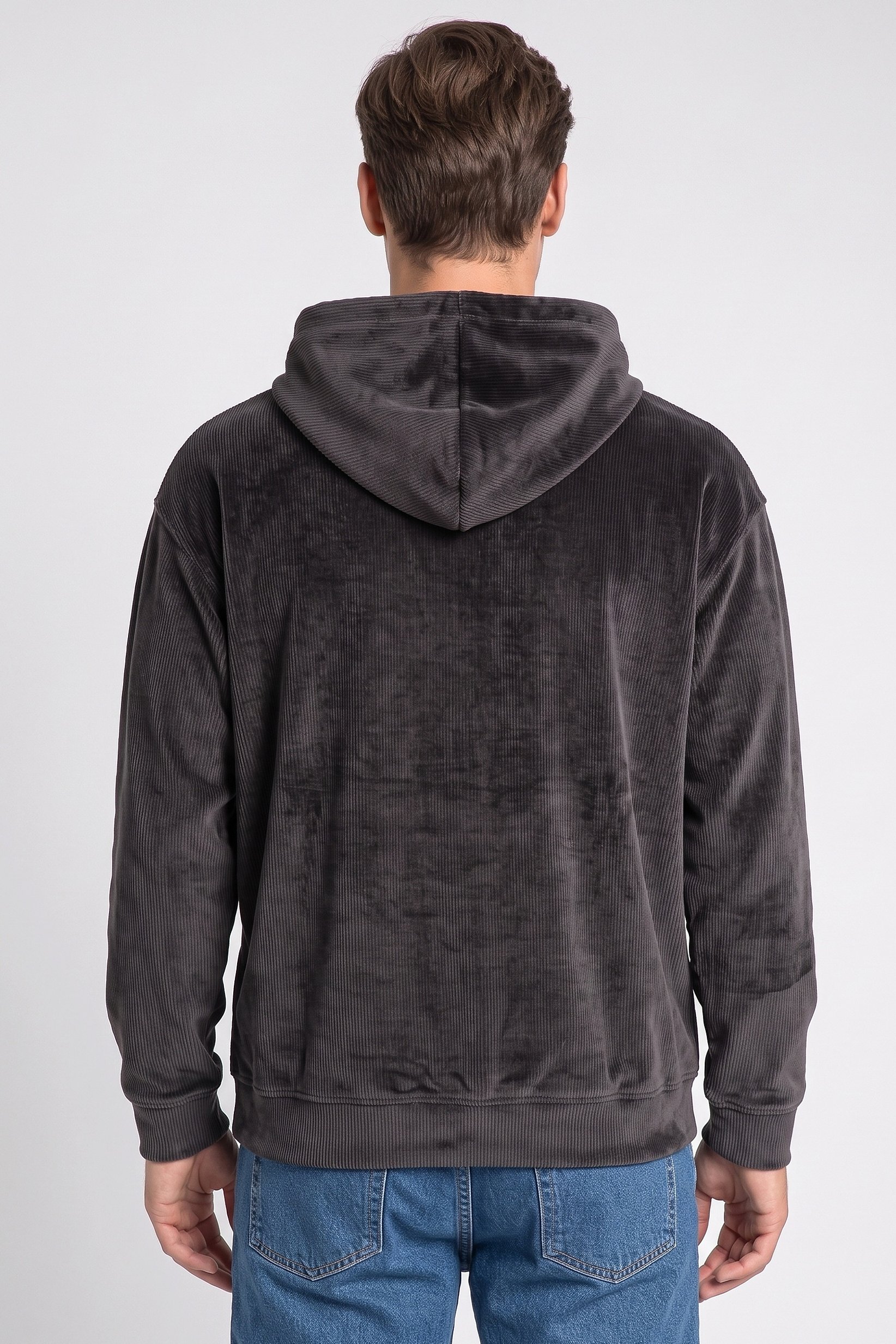 Men Ribbed Long Sleeve Hoodie, Dark Grey