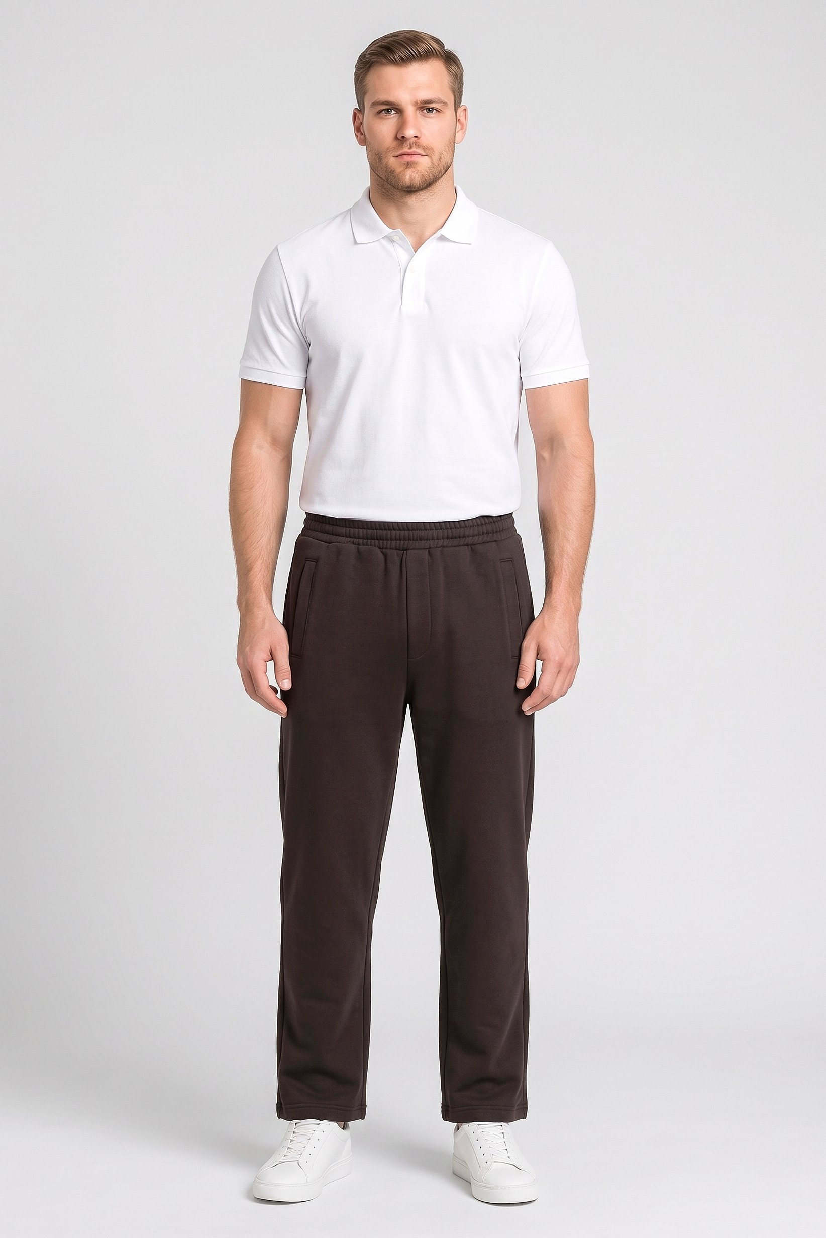 Men Relaxed Fit Plain Straight Leg Pants, Coffee