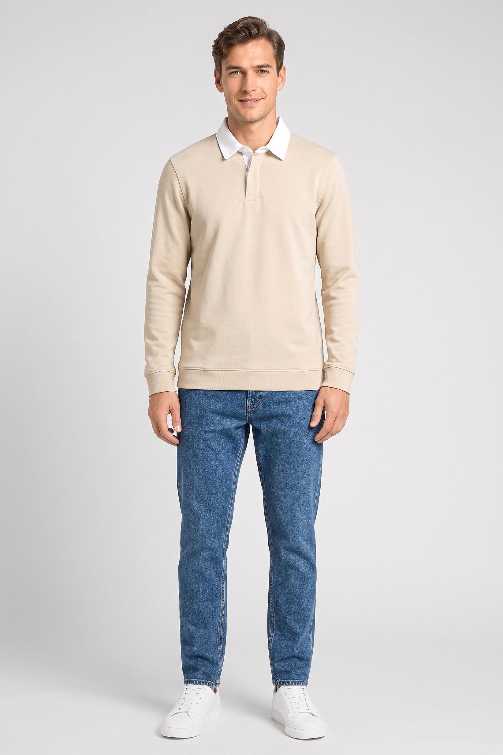 Men Regular Fit Long Sleeve Plain Polo Shirt, Light Beige