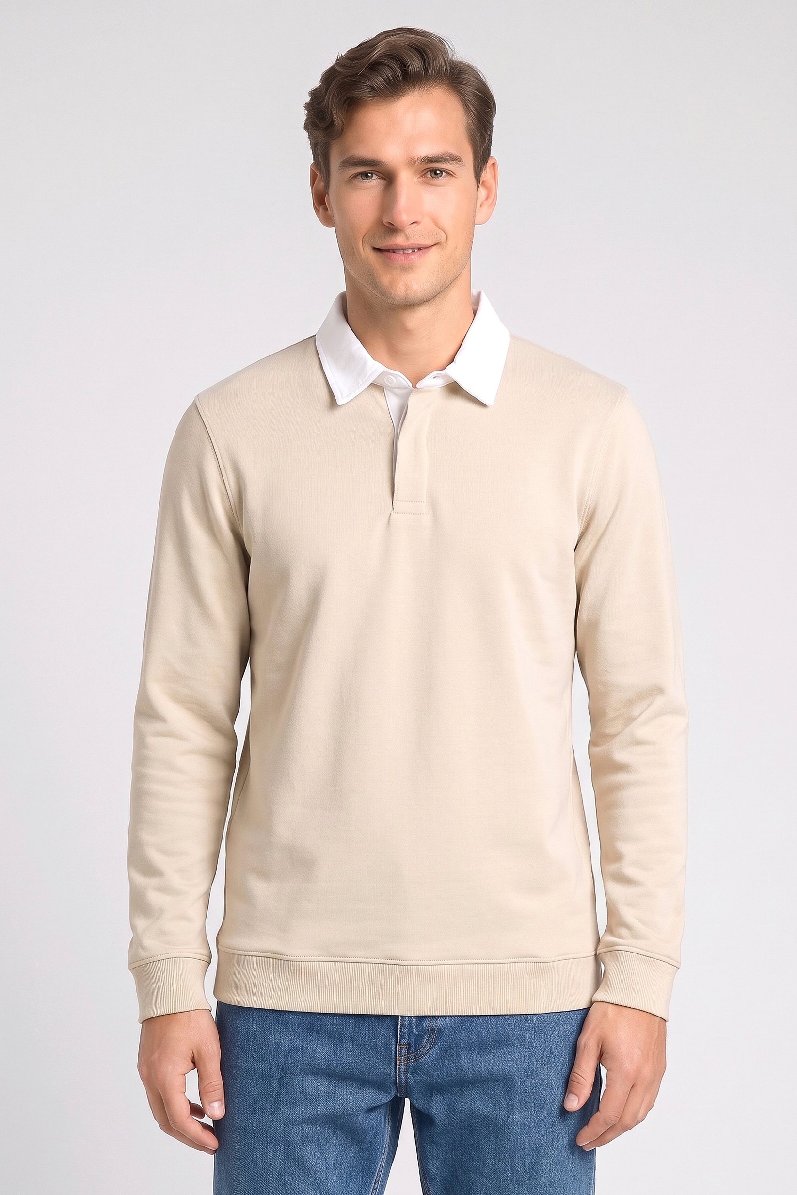 Men Regular Fit Long Sleeve Plain Polo Shirt, Light Beige
