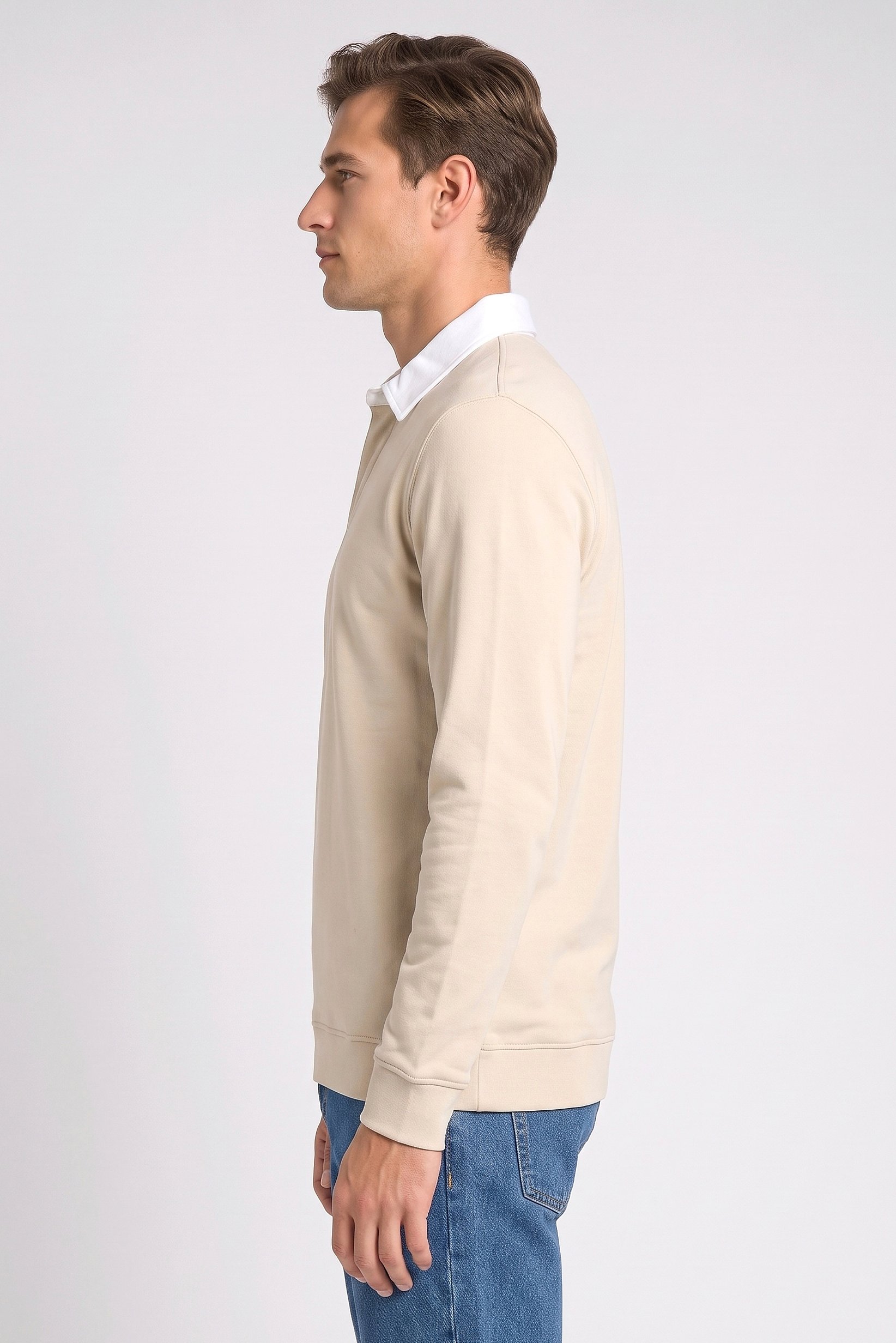 Men Regular Fit Long Sleeve Plain Polo Shirt, Light Beige